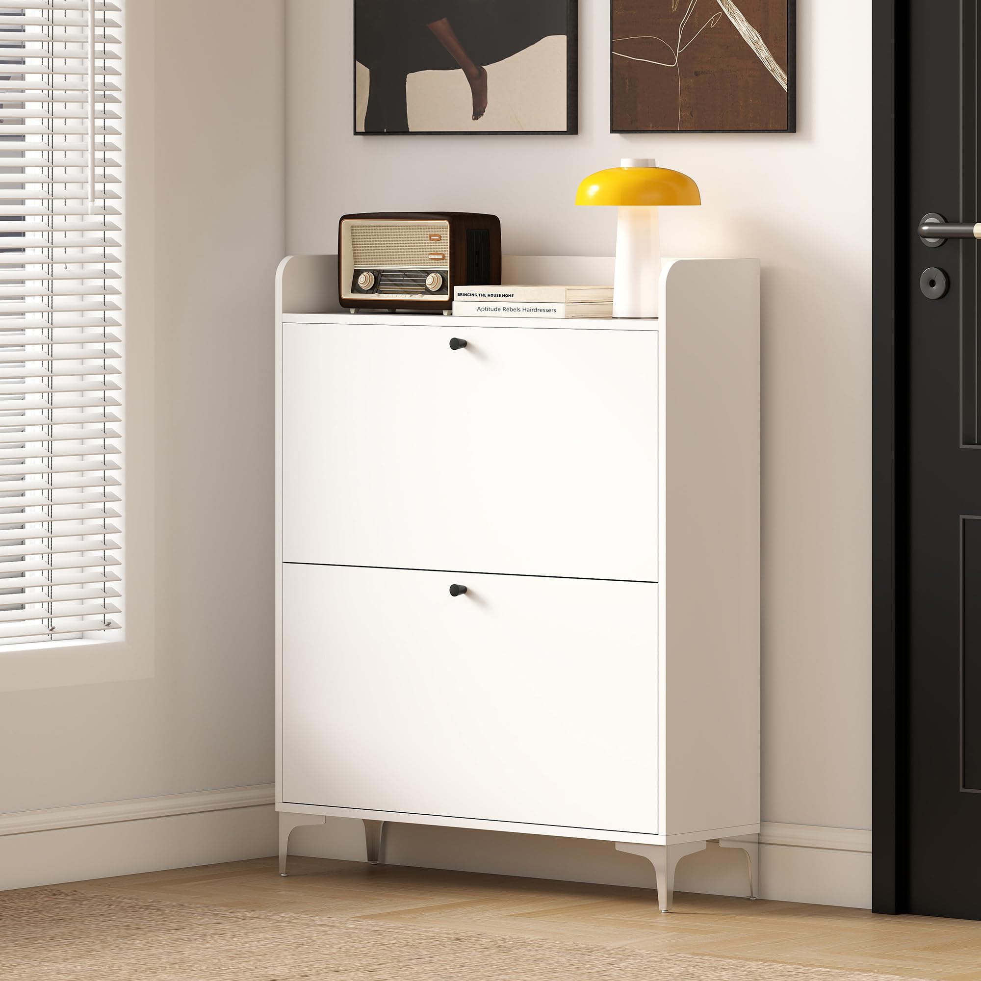 HOMCOM Scarpiera Salvaspazio Slim con 2 Ante a Ribalta, Scarpiera Ingresso con Ripiani Regolabili, Piano Superiore e Base Rialzata, Porta Scarpe per 16 Paia in Legno con Maniglia, 80x24x101 cm, Bianco