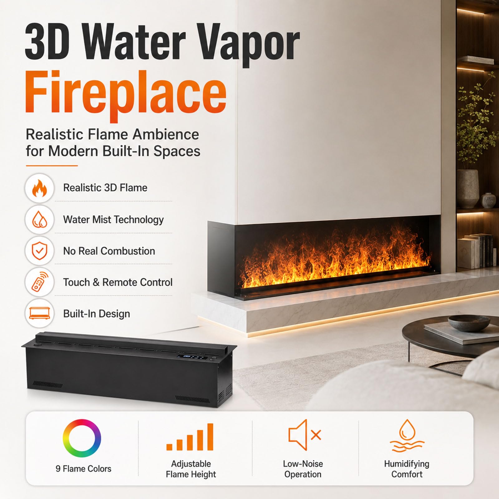 3D-Wasserdampf-Kamin, Elektrischer Kamin mit Zerstäubter Flamme