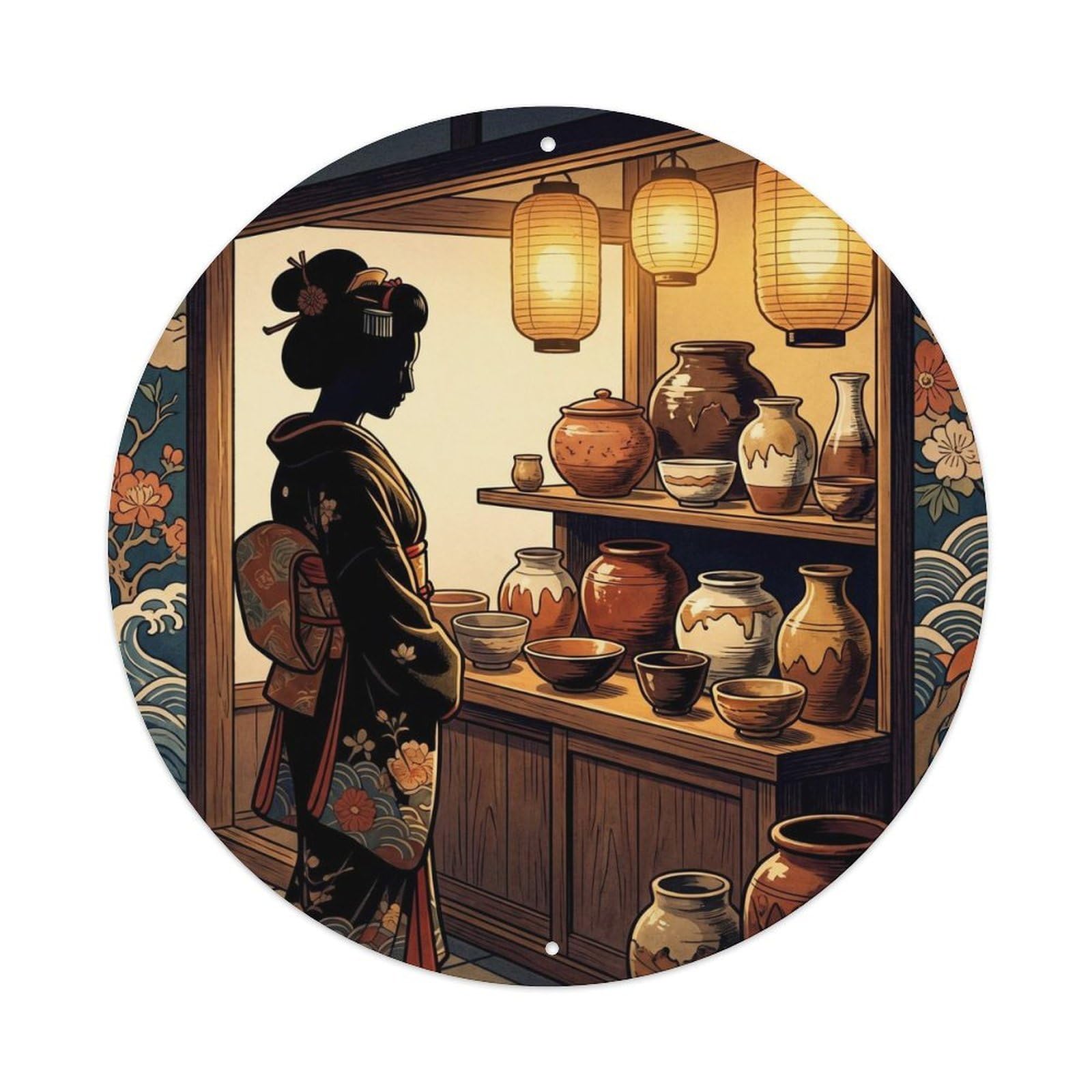 Fqnyr Style Metal Tin Sign Japanese Geisha Admiring Ceramic Pottery Display