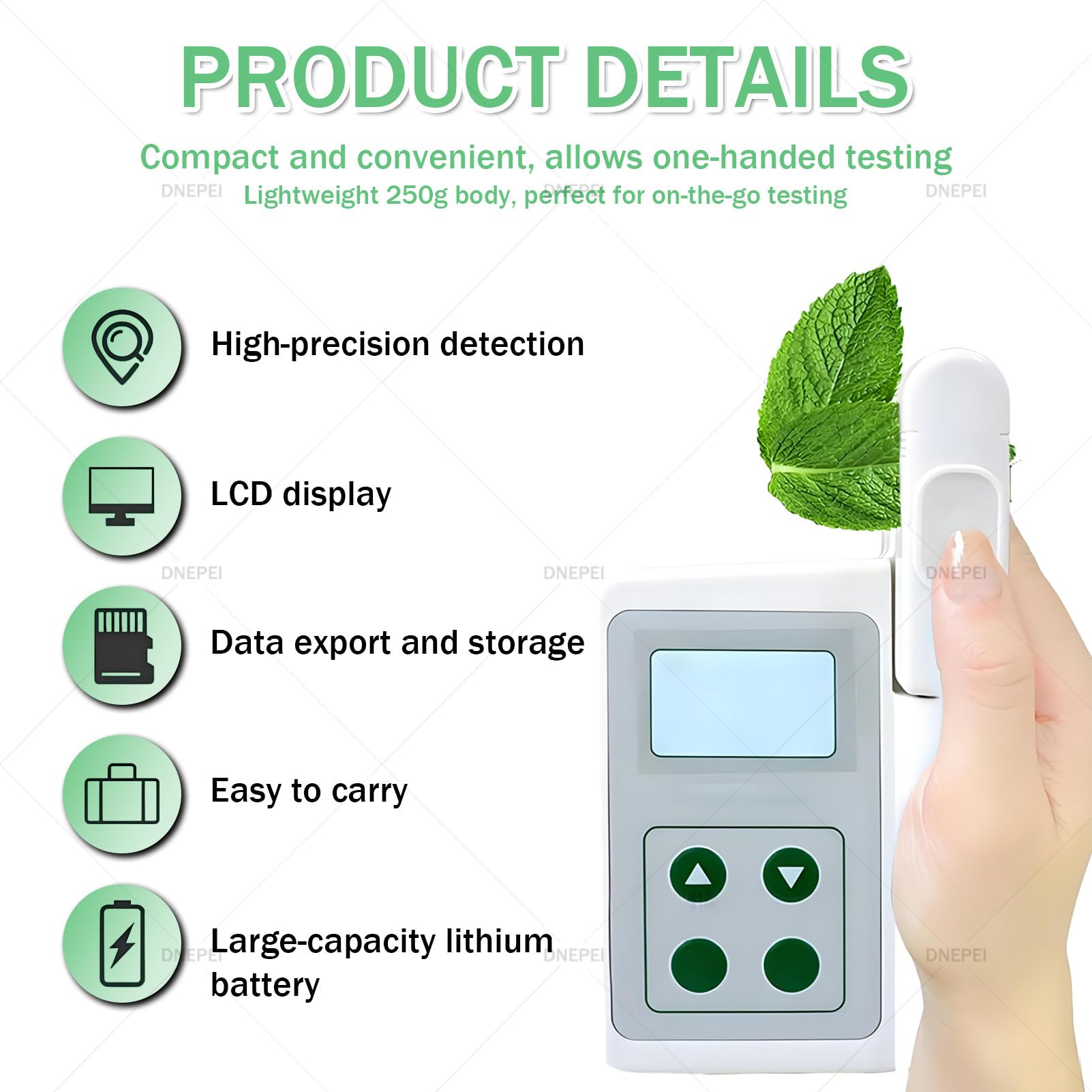 Monitor portátil Todo en uno para la Salud de Las Plantas, analizador portátil de clorofila, nitrógeno, Temperatura y Humedad (0,0-99,9 SPAD), diseño Compacto con Carga USB A