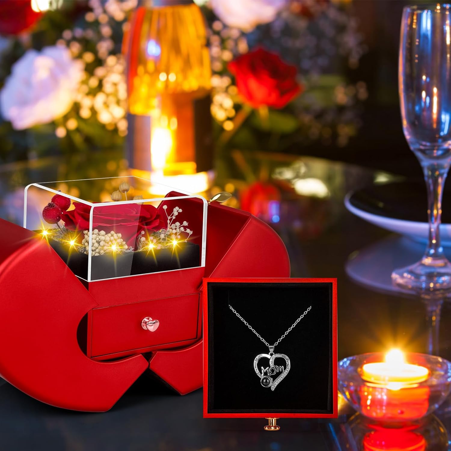 Gifts for Mom from Daughter and Son, Unique Mother Birthday Gift Idea, Preserved Red Real Roses with I Love You in 100 Languages Mom Necklace, Cool Present to Mother Mama -Red - Image 4