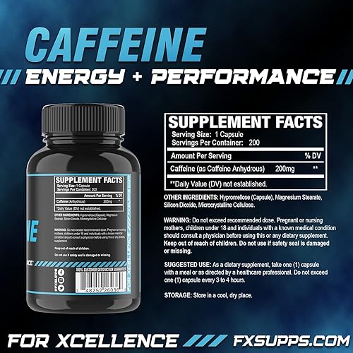 Miniatura 2 de FXSUPPS Píldoras de cafeína de 200 mg (paquete de 3, 600 cápsulas)  Suplemento de apoyo energético de acción rápida para hombres y mujeres  Apoya la