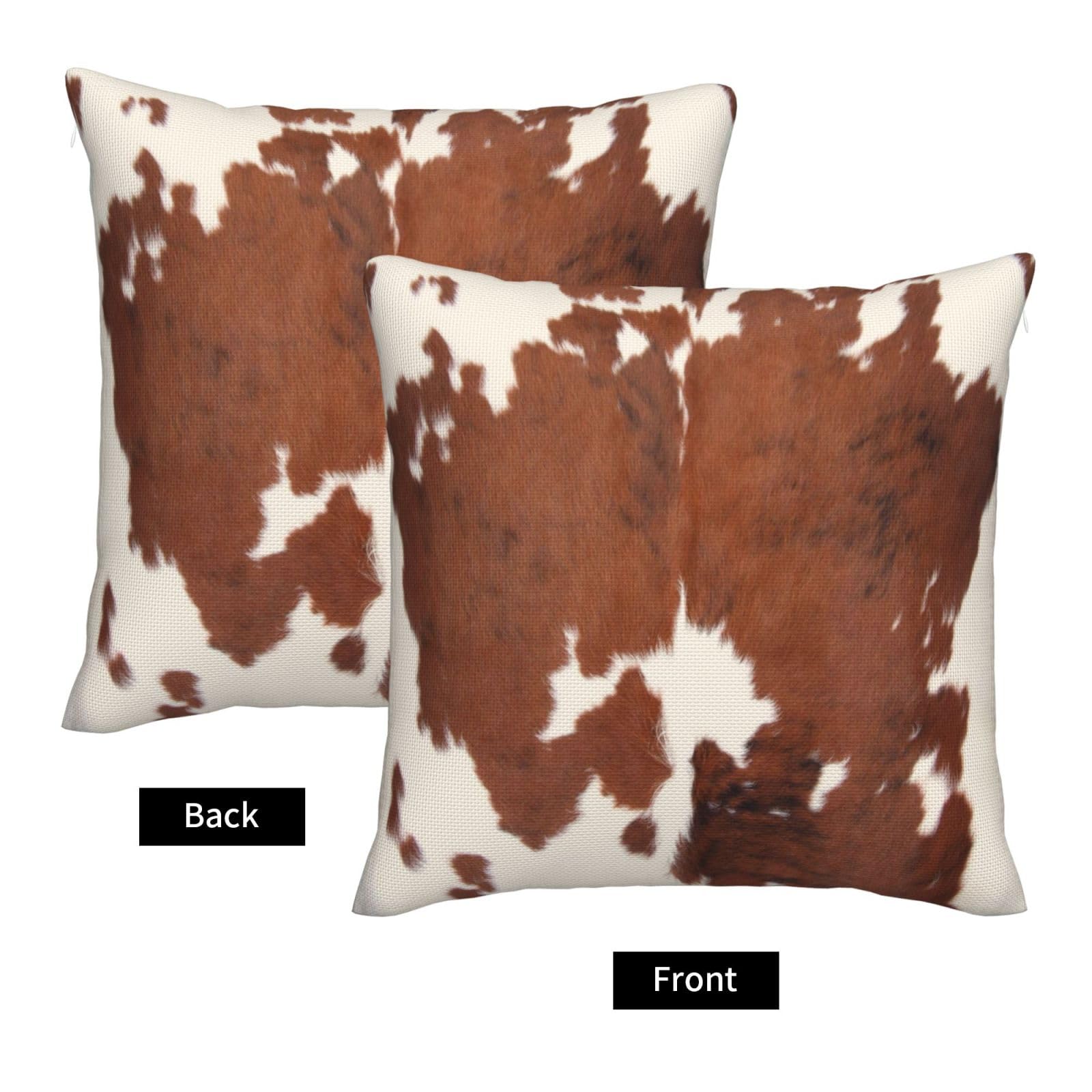 Lot de 2 housses de coussin décoratives carrées en cuir de vache marron de style rustique pour canapé-lit, sofa, 45 x 45 cm