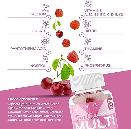 Miniatura 5 de SUKU Gomitas multivitamínicas para adolescentes Vitaminas A, B12, C, D3, E, biotina y zinc Suplemento vegetariano sin azúcar para la piel,