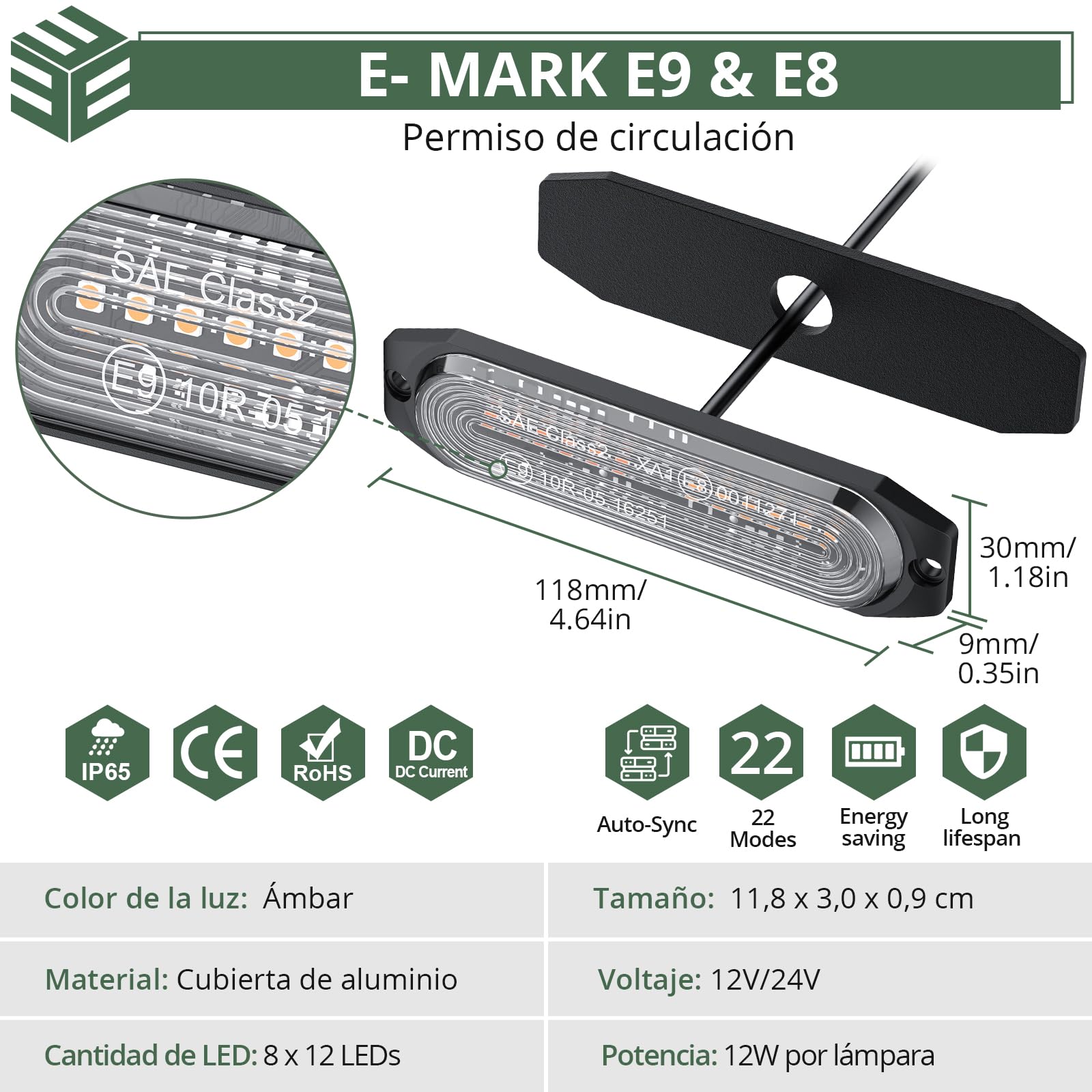 EYPINS Luces Intermitentes LED de Advertencia de Emergencia, 8X 12W, 22 Modos, Luz Ámbar Estroboscópica para Camión, Tractor, Coche, Carretilla Elevadora, 12/24V