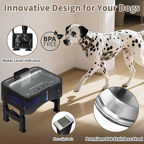 Miniatura 3 de Fuente de agua elevada para perros de 8.5L/2.25 galones, dispensador de agua elevado ajustable de 4 alturas para perros grandes con bandeja de acero