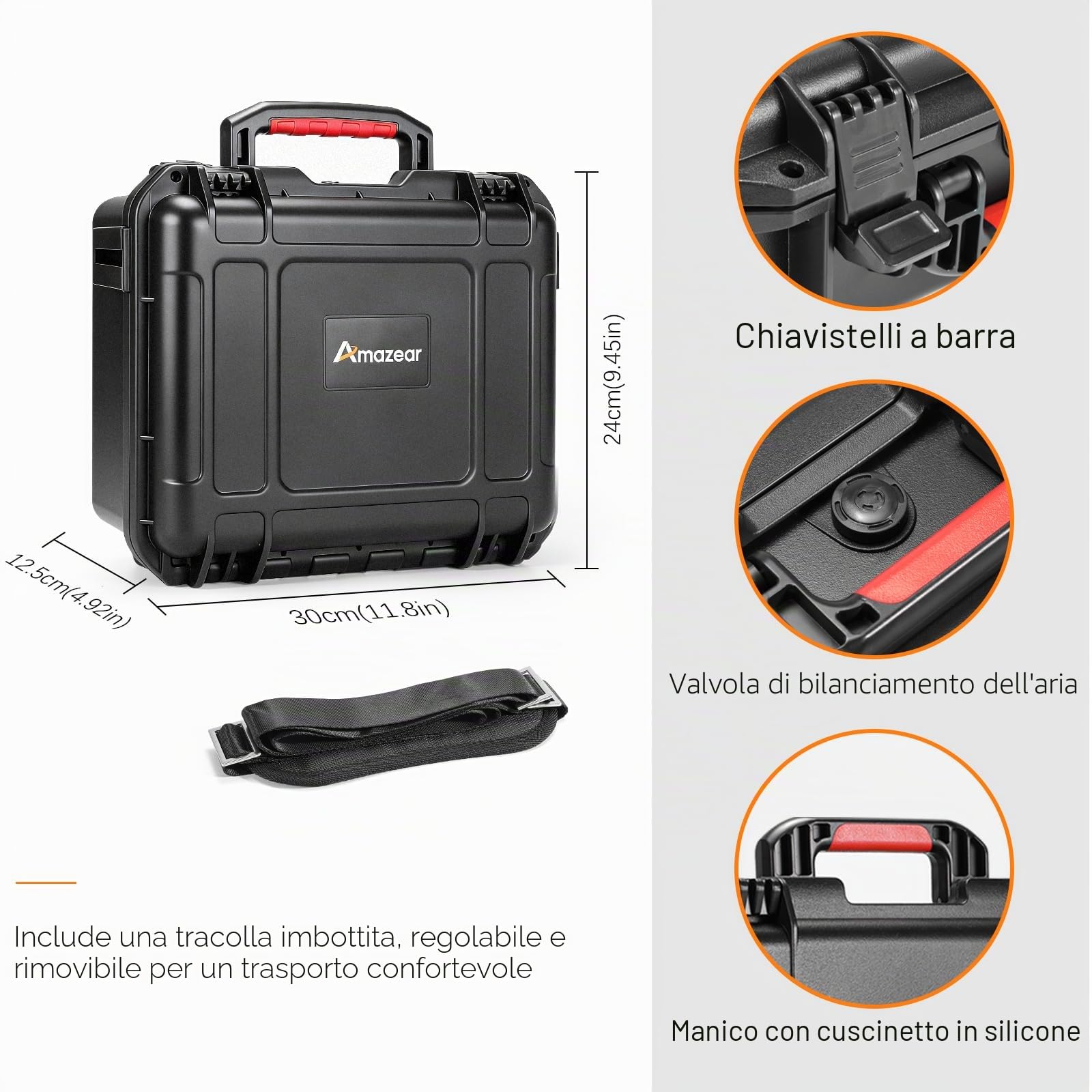 AMAZEAR Custodia rigida impermeabile per DJI Osmo Action 6 accessori, nero | Custodia rigida da viaggio a doppio strato antiurto con interno in EVA morbido, tracolla inclusa