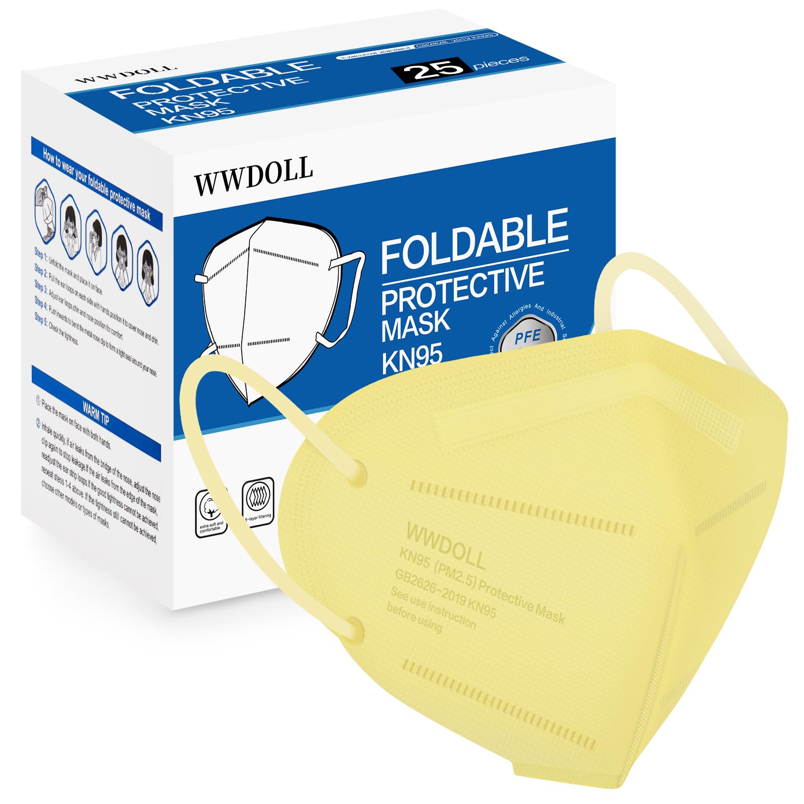 WWDOLL KN95 Face Mask 25 Pack, 5-Layers Breathable KN95 Masks