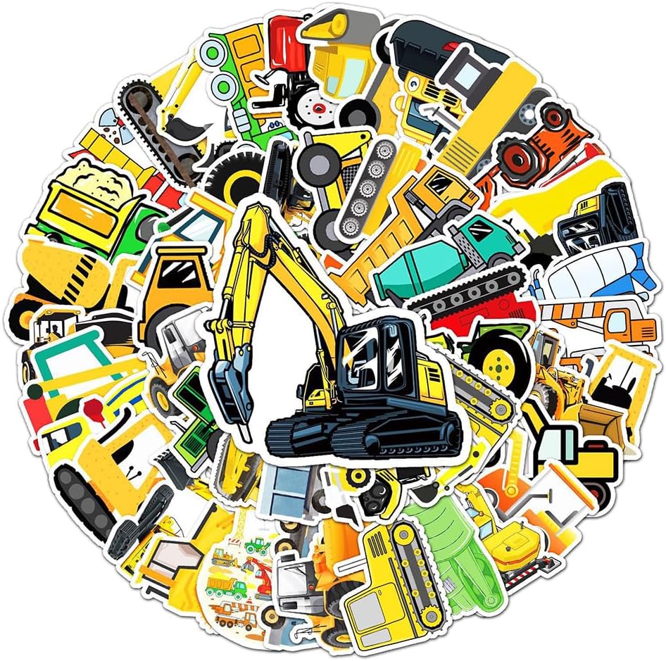 Construction Truck Stickers-50Pcs Construction Vehicle Waterproof Vinyl Decals for Adult Teen Kids Cup Water Bottles Laptop Luggage Computer Mobile Phone Guitar Skateboard Decoration