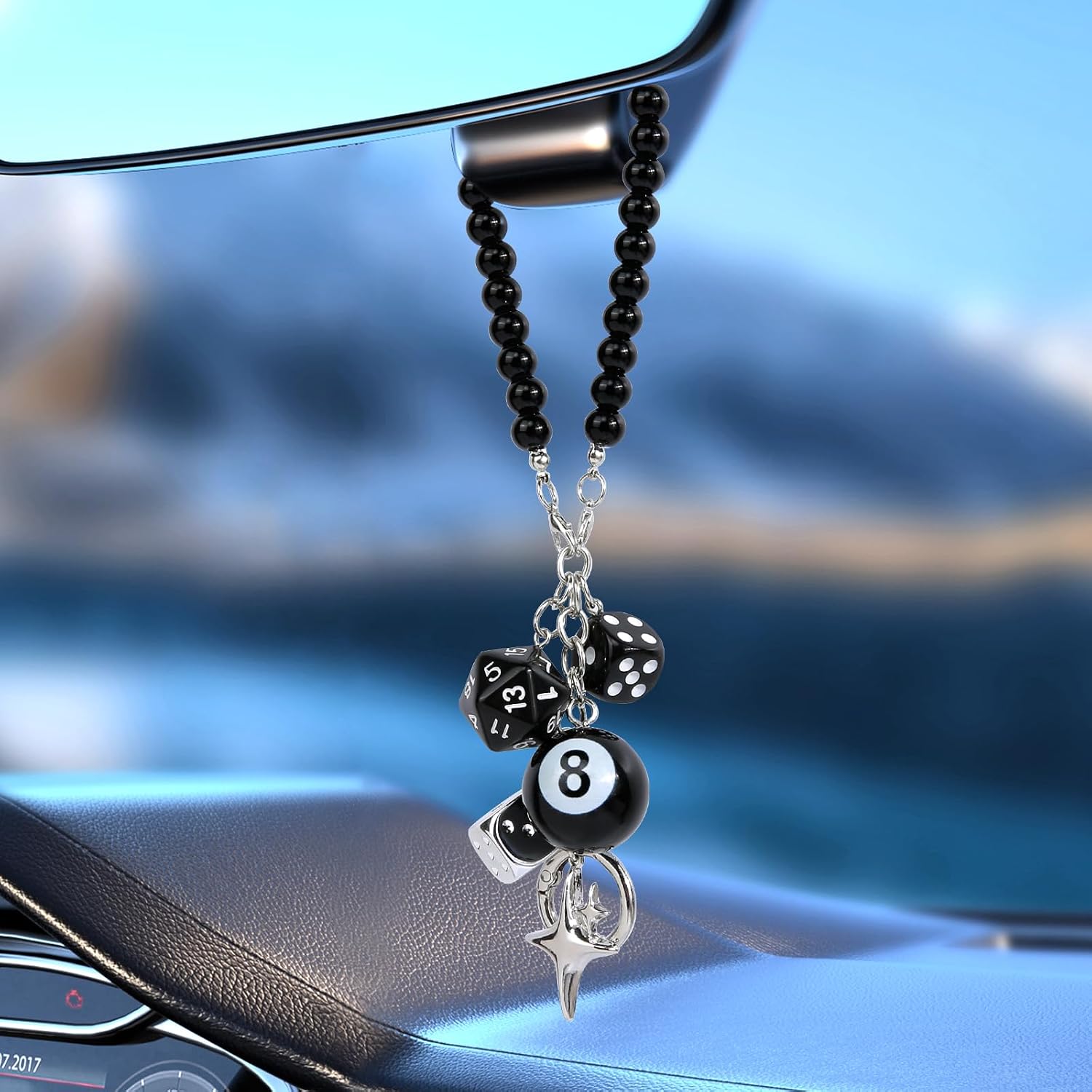 YGMONER 8 Ball Dice for Car Mirror, Y2K Aesthetic Lucky Charm Car Rear View Mirror Hanging Accessories, Black Interior Decor Truck Hanger Ornament for Women Men (Long Chain)