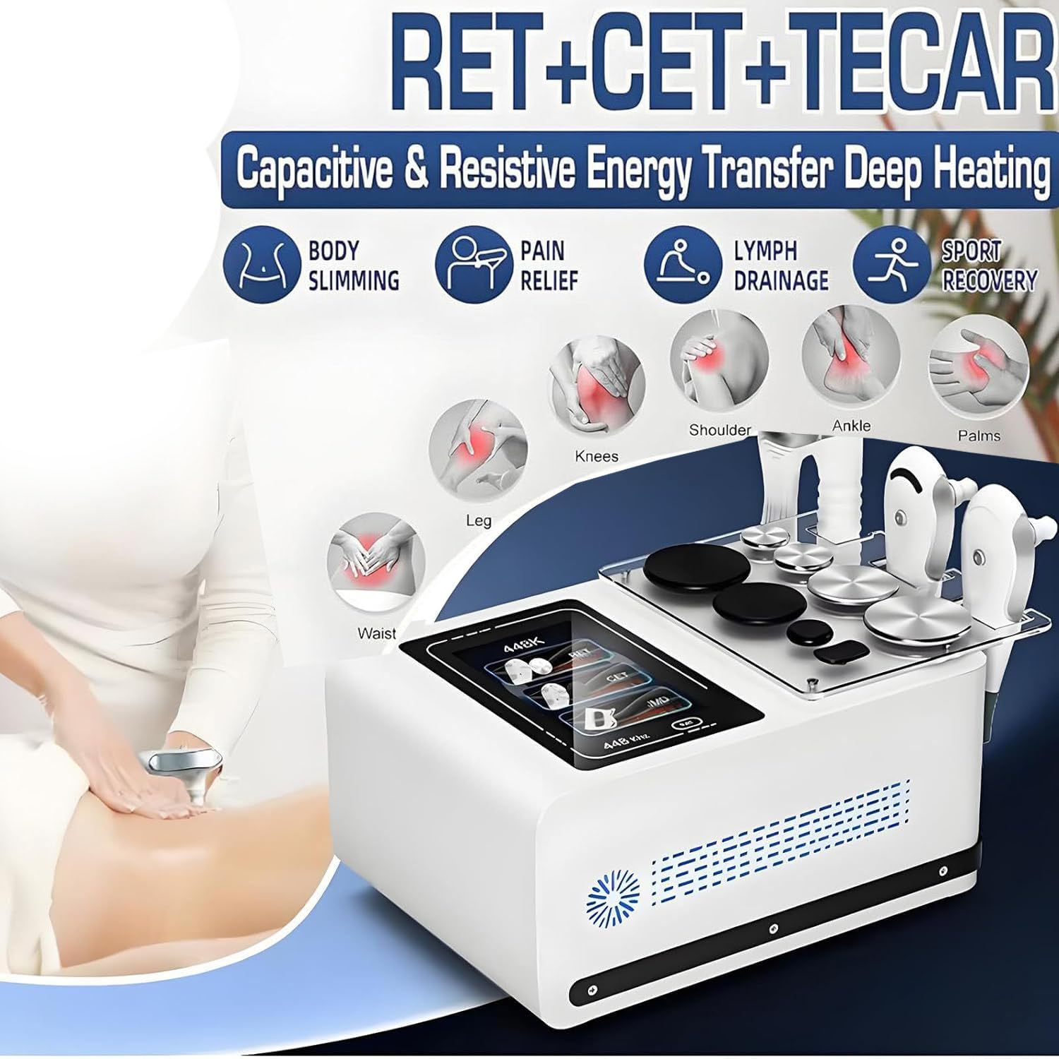 Apparecchio per Terapia a radiofrequenza 448K - per Sollevamento RF, Perdita di Peso e modellamento del Corpo, con 3 Maniglie e 8 postazioni di Lavoro per trattamenti fisici Profondi Black