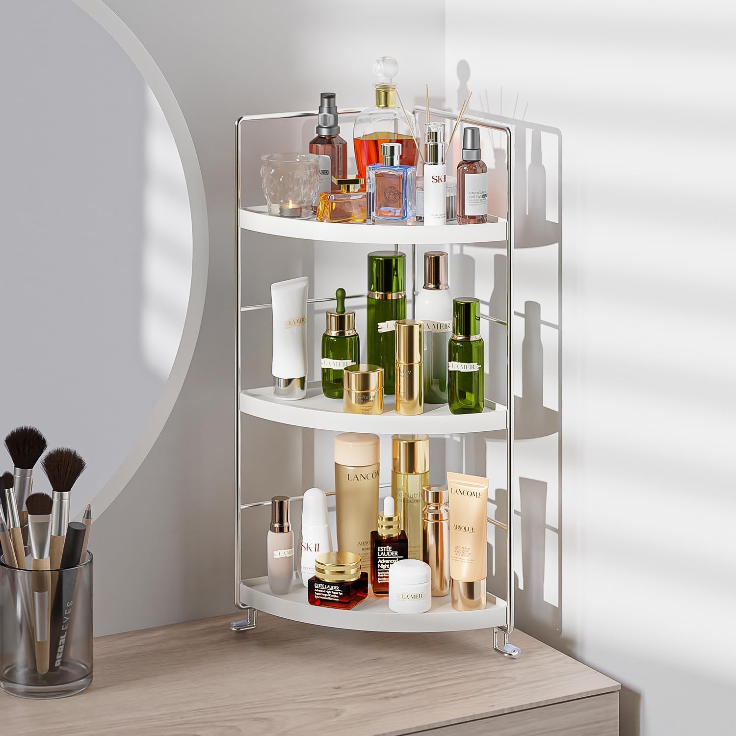 3-Tier Corner Spice Rack Kitchen Bathroom Countertop Organizer Vanity Tray Cosmetic Makeup Storage Standing Shelf, White
