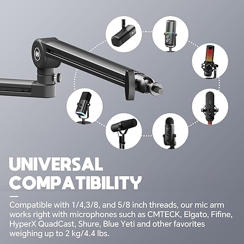 Miniatura 6 de CMTECK Brazo de brazo de micrófono, perfil bajo ajustable de 360, soporte de brazo de micrófono con abrazadera de montaje de escritorio, elevador