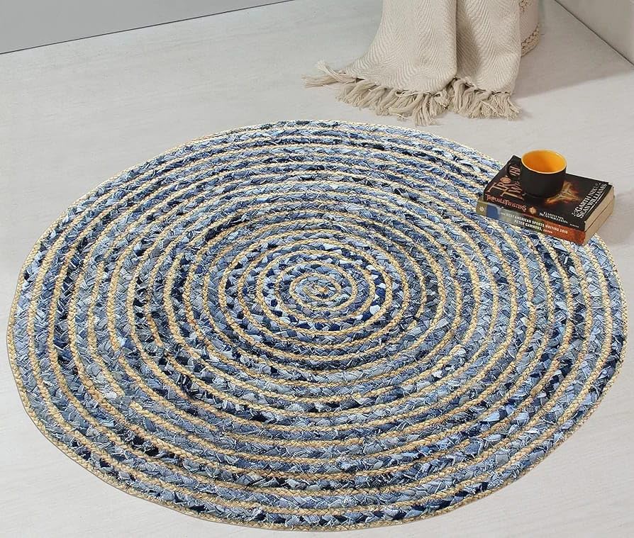 Jute Carpet for Living Room, Bedroom Rug, Hallway and Entryway Mat, Handwoven Area Rug for Interior Styling and Room Décor (2'x2' Feet, Jute Denim round-03)-image-28