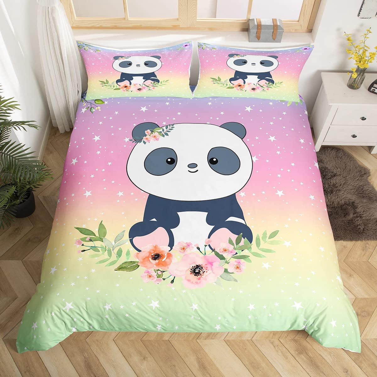 Parure de lit enfant panda avec housse de couette 140x200 galaxie fleurie