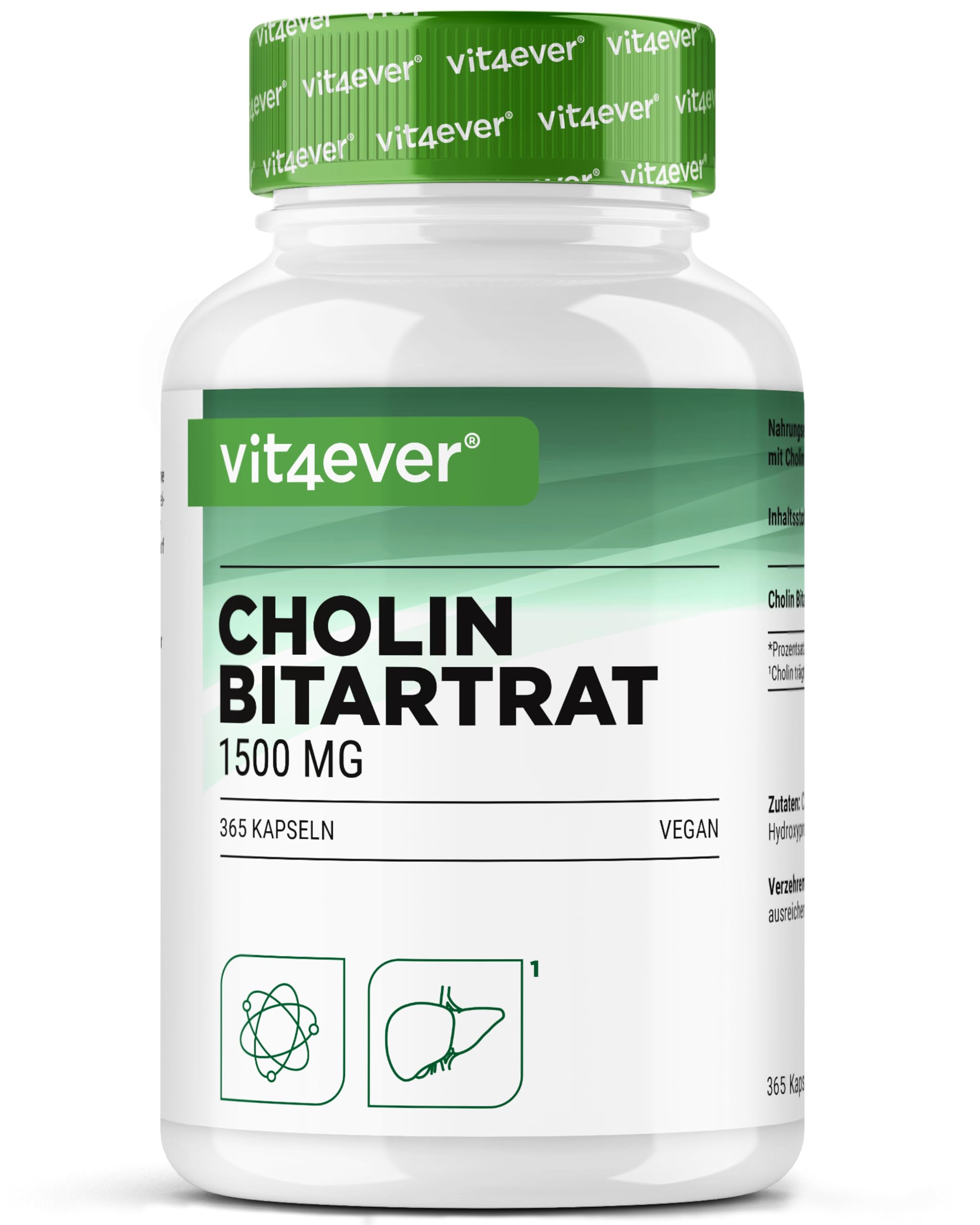 Gélules de Choline – 365 Gélules avec 1500 mg de Bitartrate de Choline par Dose Quotidienne – plus de 6 Mois de Réserve – Foie, Homocystéine & Métabolisme des Graisses – Naturel, Fortement Dosé, Véga
