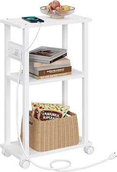 TUTOTAK Small Narrow Side Table with Charging Station, Skinny End Table for Small Spaces, Slim Nightstand with USB Ports and Outlet, Sofa Beside Table with Wheels, White TB01BW046