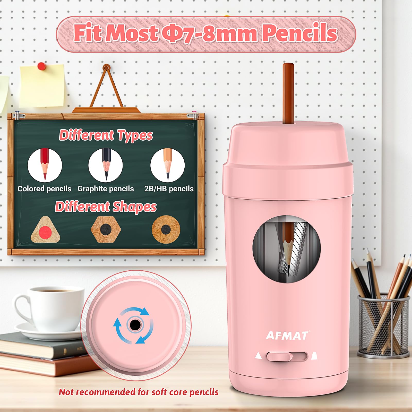 AFMAT Electric Pencil Sharpener for Colored Pencils 7-8 mm, Rechargeable Fully Automatic Pencil Sharpener with Container, Auto in&Out, Non-Slip Portable Electric Sharpener for Home,School, Pink PSX8 - Image 4