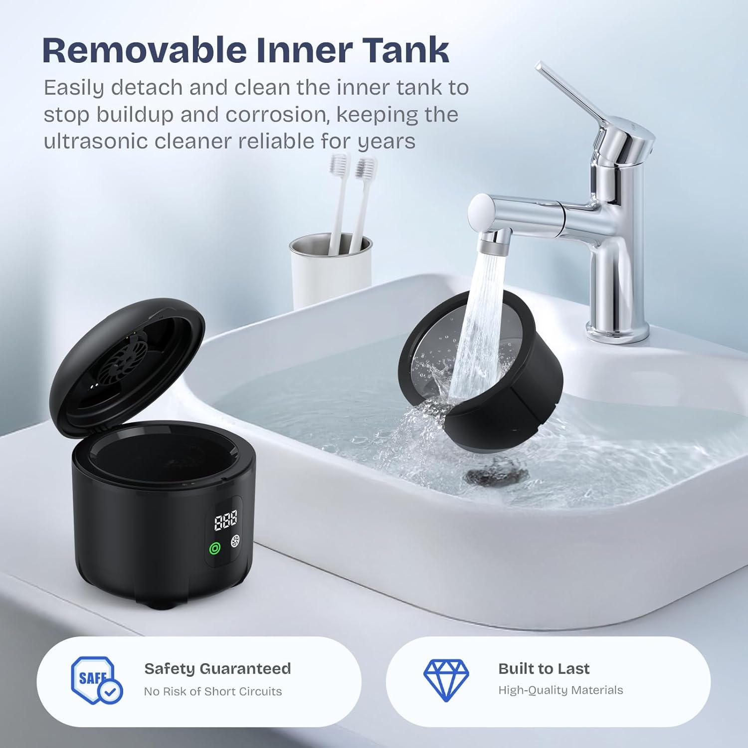 2025 Ultrasonic Retainer Cleaner- 45KHz 25W Portable Denture Cleaner with Drying Function and Removable Inner for Dentures, Mouth Guards, Aligners, Jewelry and More (Black) - Image 6