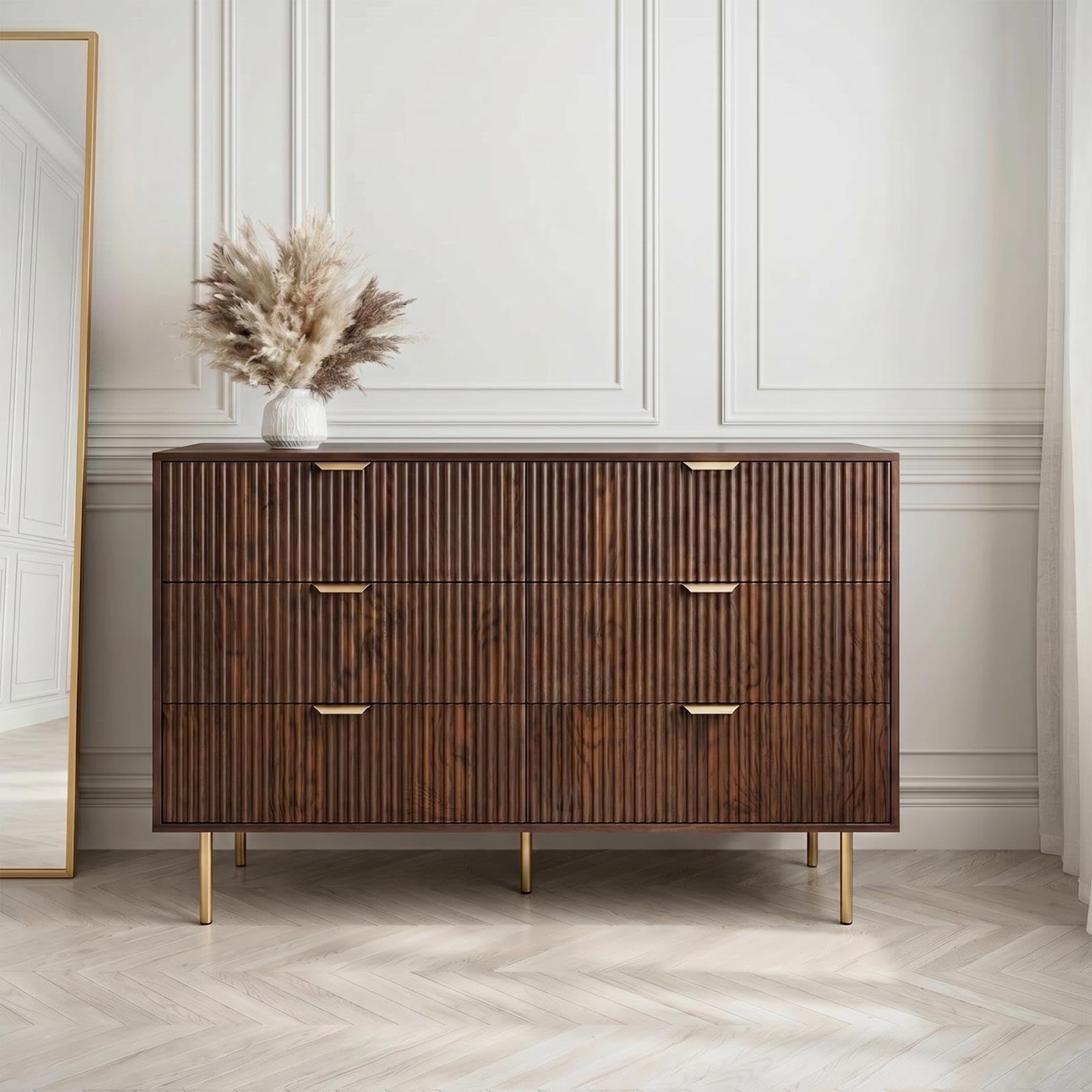 OHS 6 Drawer Chest of Drawers Ribbed Wooden Storage Cabinet, Dark Wood โ image 1