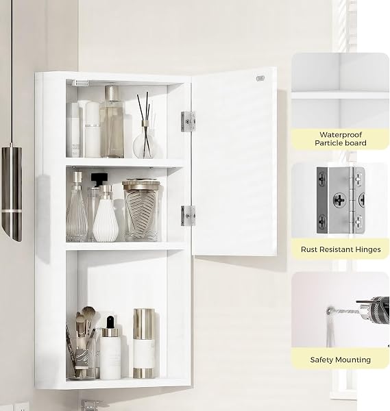 3 Shelves Corner Bathroom Mirror Cabinet,Wall Mounted Bathroom Cabinet | Single Door Wooden Storage Cupboardwith Mirror,Bathroom Storage Unit with Adjustable Shelf,Open Compartment,White,30x24x60cm