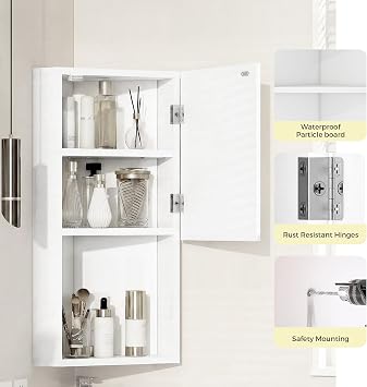3 Shelves Corner Bathroom Mirror Cabinet,Wall Mounted Bathroom Cabinet | Single Door Wooden Storage Cupboardwith Mirror,Bathroom Storage Unit with Adjustable Shelf,Open Compartment,White,30x24x60cm