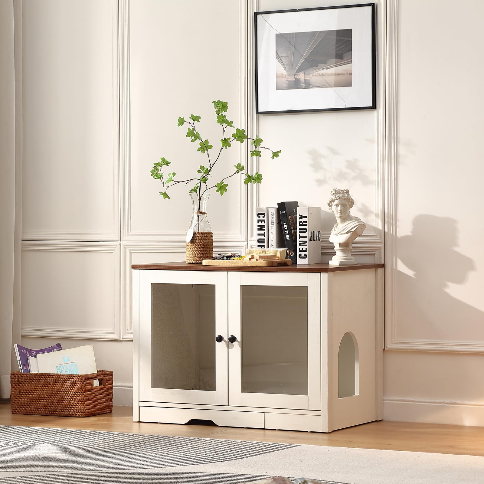FOREST GRAVITY Mueble Arenero para Gato Pequeño Mueble Arenero para Gato Moderno 82 * 58.5 * 53 cm Casa para con Puerta y Tabique Separador Blanco Antiguo