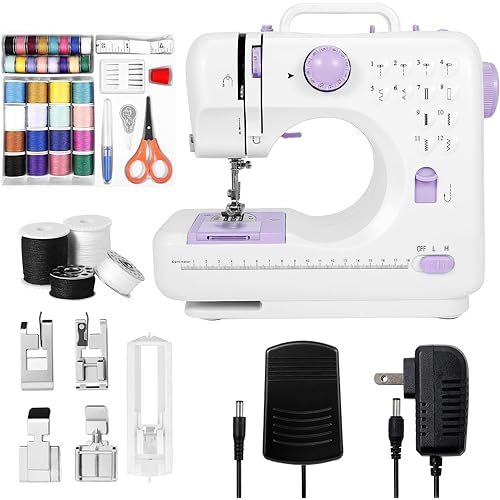 Beginner Sewing Machine with 12 Stitch Patterns, Adjustable 2-Speed Control, Foot Pedal & LED Light, 32-Color Thread Set, Portable Mini Electric Sewing Kit for Home Projects, Kids & Adults