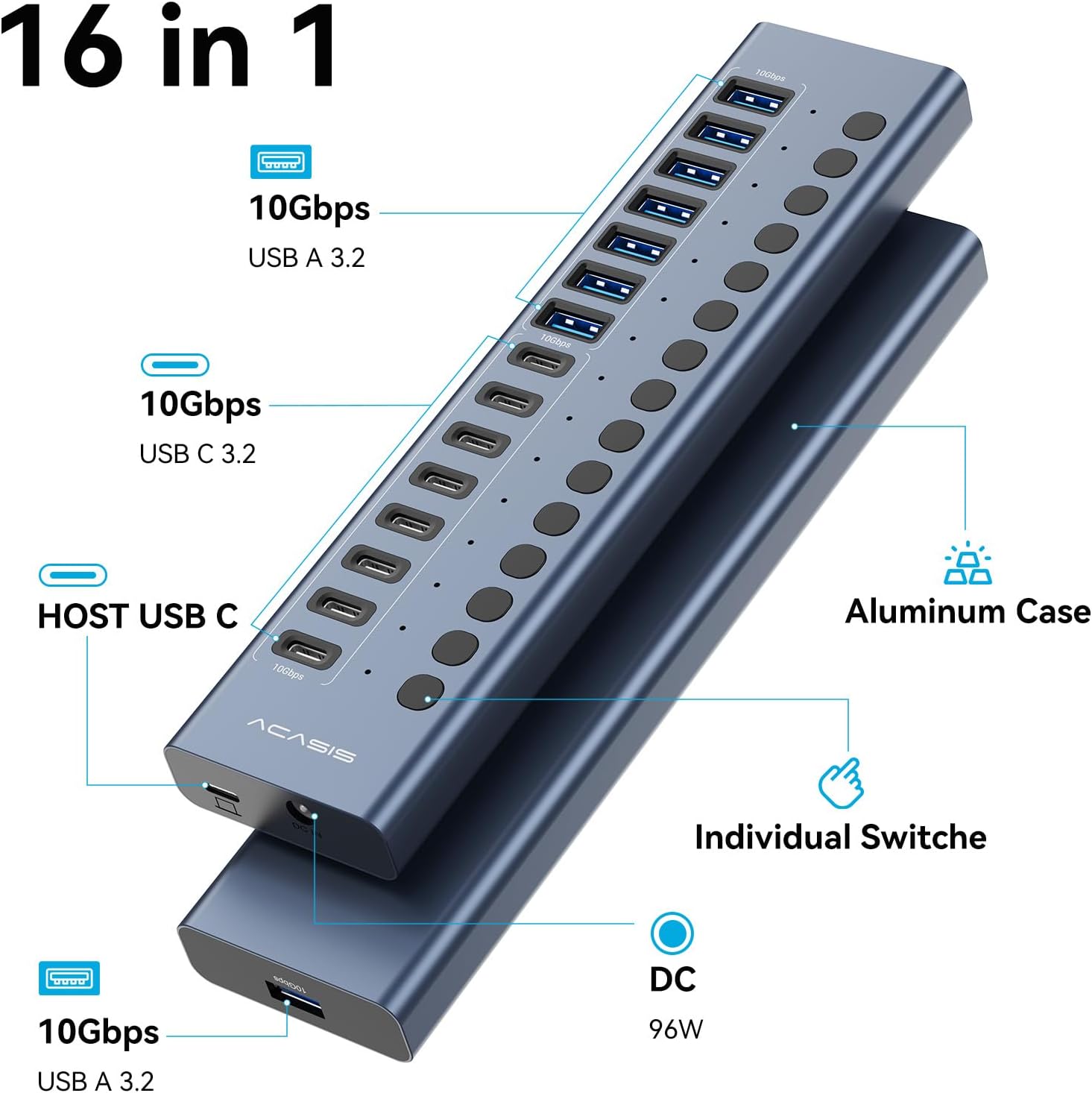 Powered USB 3.2 Hub, ACASIS 16 Ports USB 3.2 Hub(8 USB-A 3.2 Ports+8 USB-C 3.2 Ports), Aluminum USB Hub Powered with 96W Power Adapter, USB Hub for PC/Laptop, Computer, Flash Drive, Printer, Camera