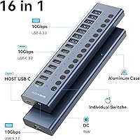 Vista 2 de Powered USB 3.2 Hub, ACASIS 16 Ports USB 3.2 Hub(8 USB-A 3.2 Ports+8 USB-C 3.2 Ports), Aluminum USB Hub Powered with 96W Power Adapter, USB Hub for