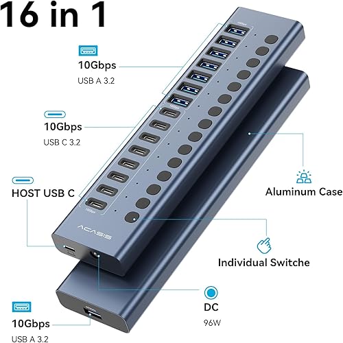 Miniatura 2 de Powered USB 3.2 Hub, ACASIS 16 Ports USB 3.2 Hub(8 USB-A 3.2 Ports+8 USB-C 3.2 Ports), Aluminum USB Hub Powered with 96W Power Adapter, USB Hub for