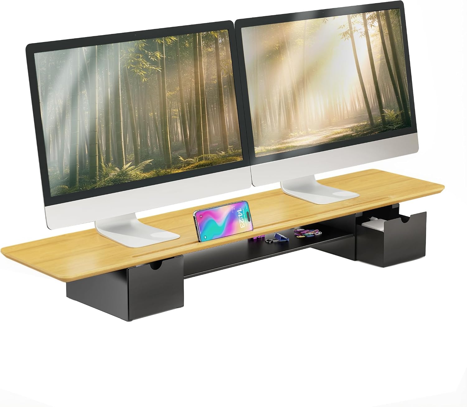 Mount-It! Extra Wide 39" Real Solid Bamboo Dual Monitor Stand Riser, 2 Metal Drawers + Shelf, 66 lbs, Built-In Device Slot, Home Office Desk Organizer