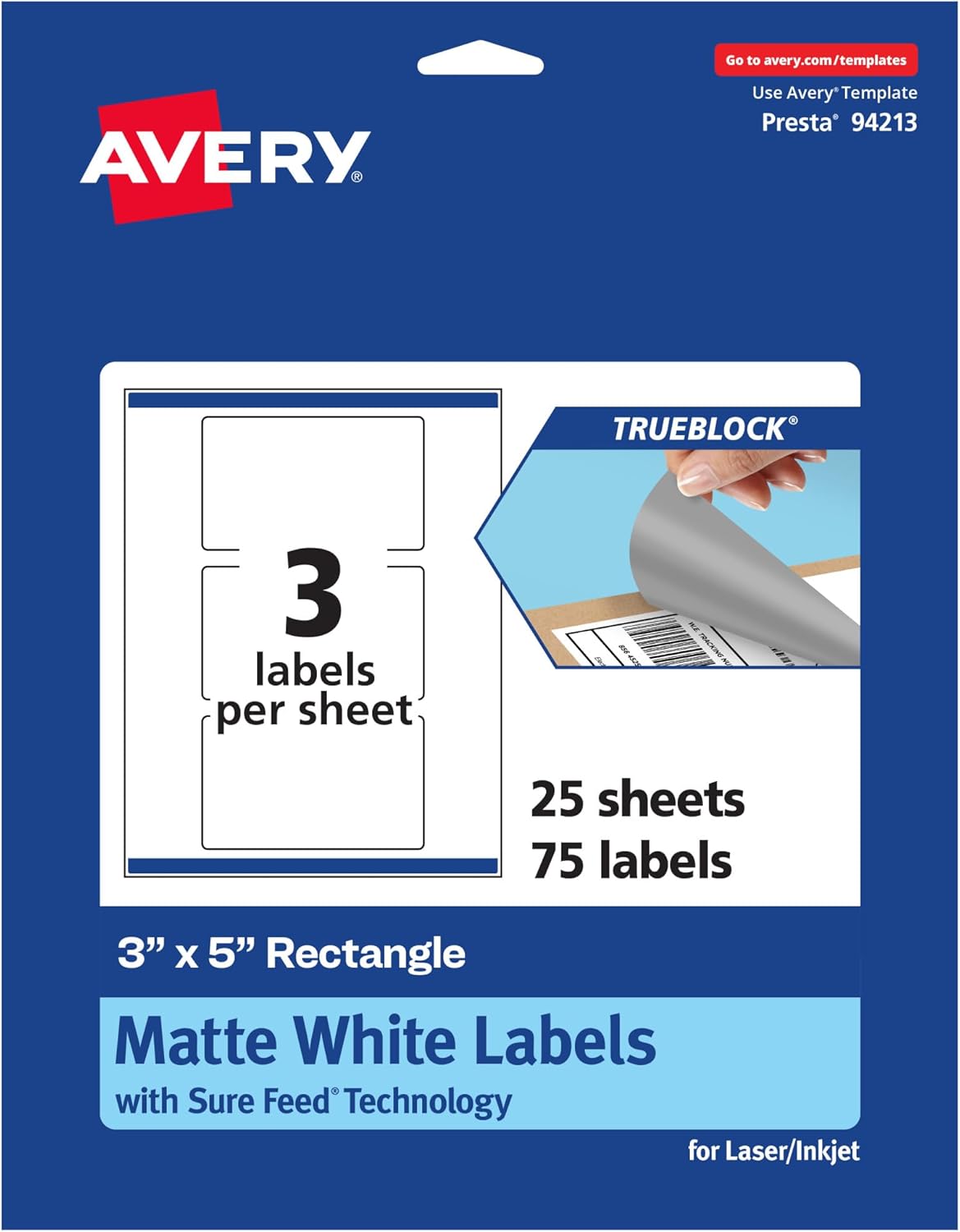 Avery TrueBlock Matte White Rectangle Labels, Sure Feed Technology, 3" x 5", 75 Matte White Labels, Print-to-The-Edge, Laser/Inkjet Printable, Great for Packaging and Product Merchandising