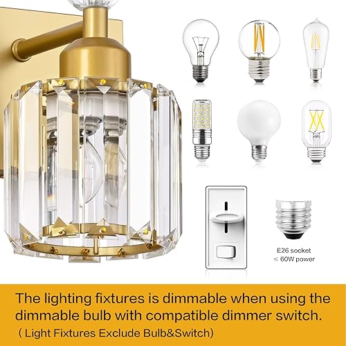 Miniatura 7 de PRESDE Lámpara de tocador de 3 luces de cristal para baño, lámparas de baño doradas sobre espejo, lámpara moderna de pared