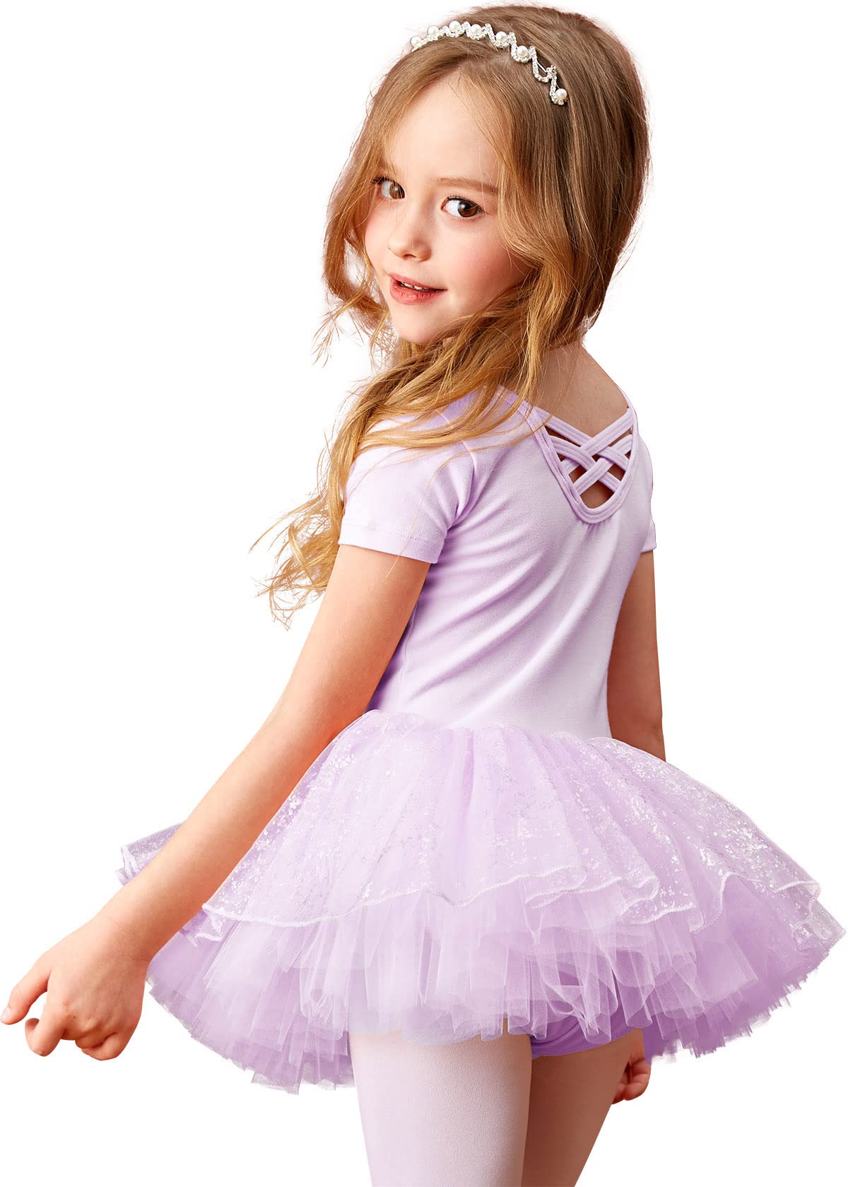 MdnMd Fly Short Sleeve Lace Dance Ballet Tutu Leotard Ballerina Outfit for Toddler Girls