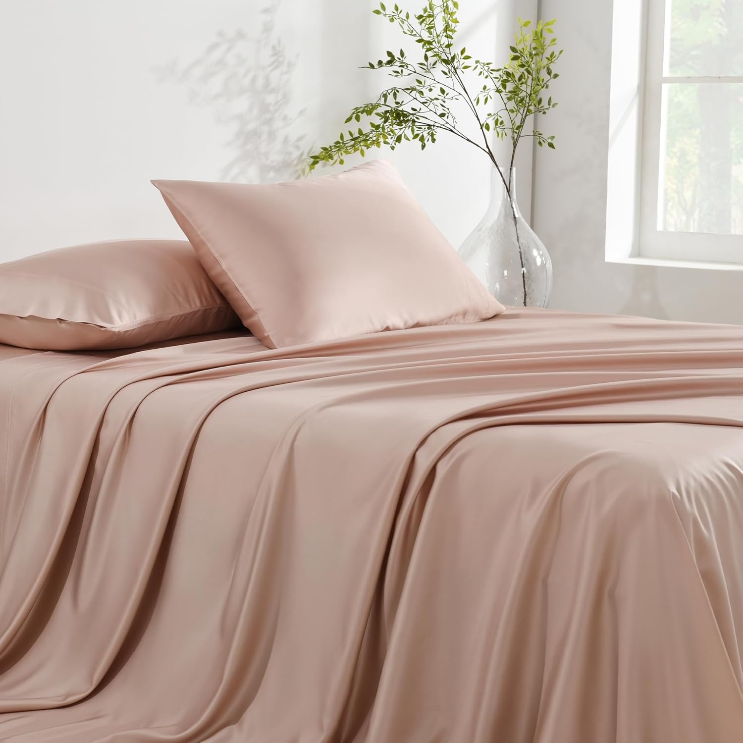 NATUREFIELD Silky Bed Sheets Set King Size (4pc), 60% Rayon Derived from Bamboo,40% Polyester T400 Sateen, Soft Fitted Sheets with Deep Pockets, Hotel Luxury Bedding Sheets & Pillowcases - Image 3