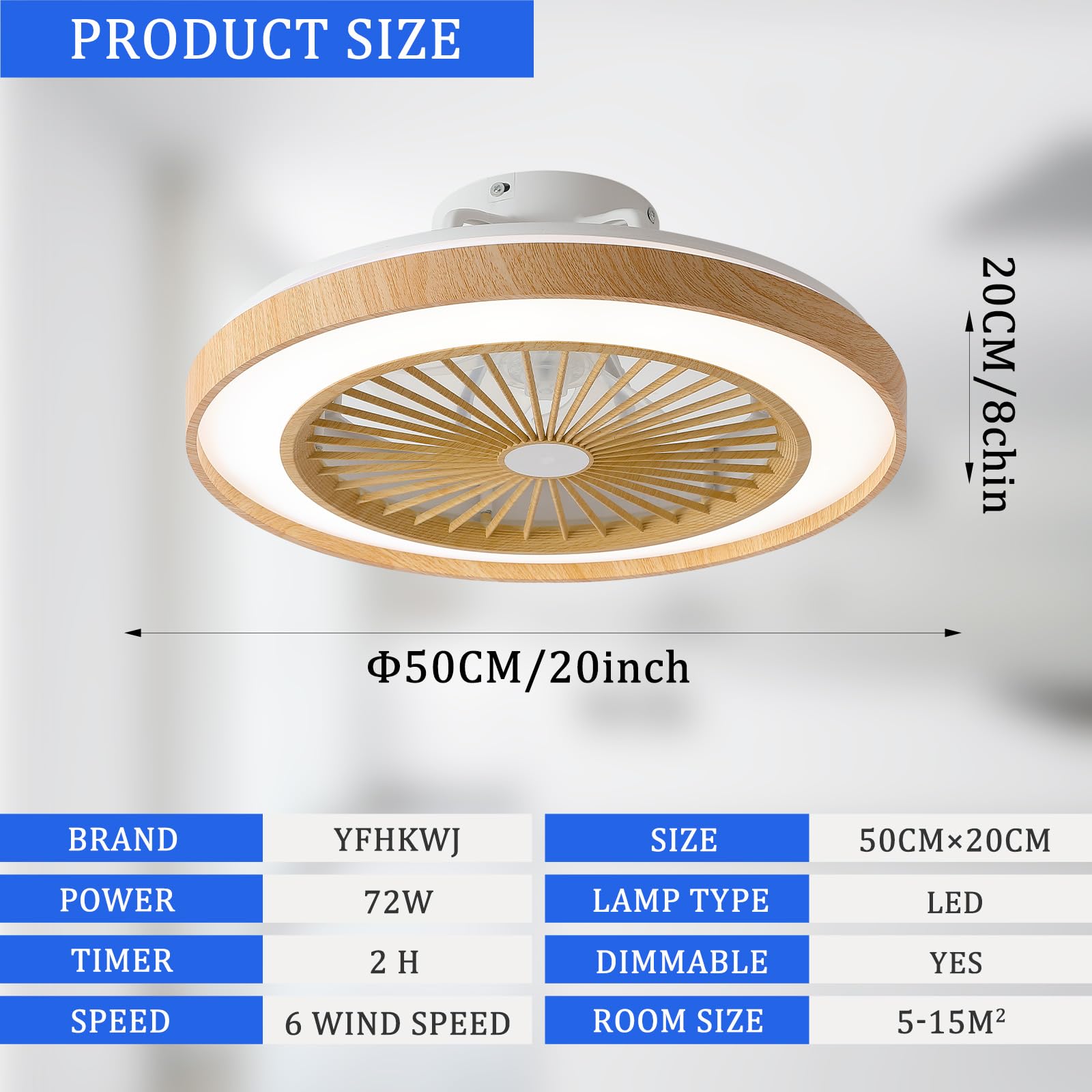 50CM Moderne Bois Plafonnier Ventilateur Avec Telecommande/APP LED Dimmable, Moteur DC Réversible 6 Vitesses Lampe Ventilateur Plafond Pour Chambre/Salon Réversible Eté Hiver
