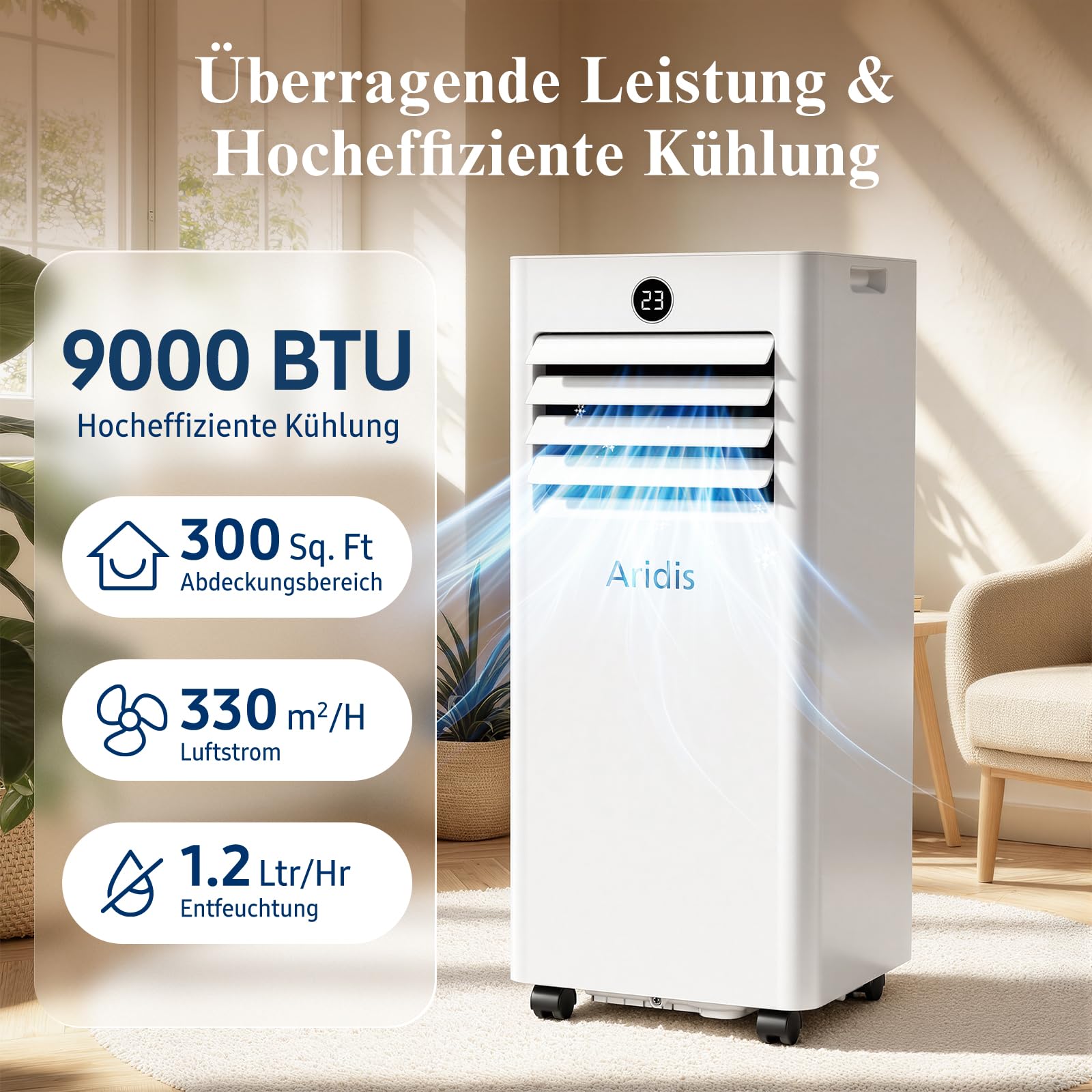 Mobile Klimaanlage 9000 BTU 4-in-1 mit LED Display & Fernbedienung, Fenstermontagesatz, Abluftschlauch, bis 88m³ (33㎡)