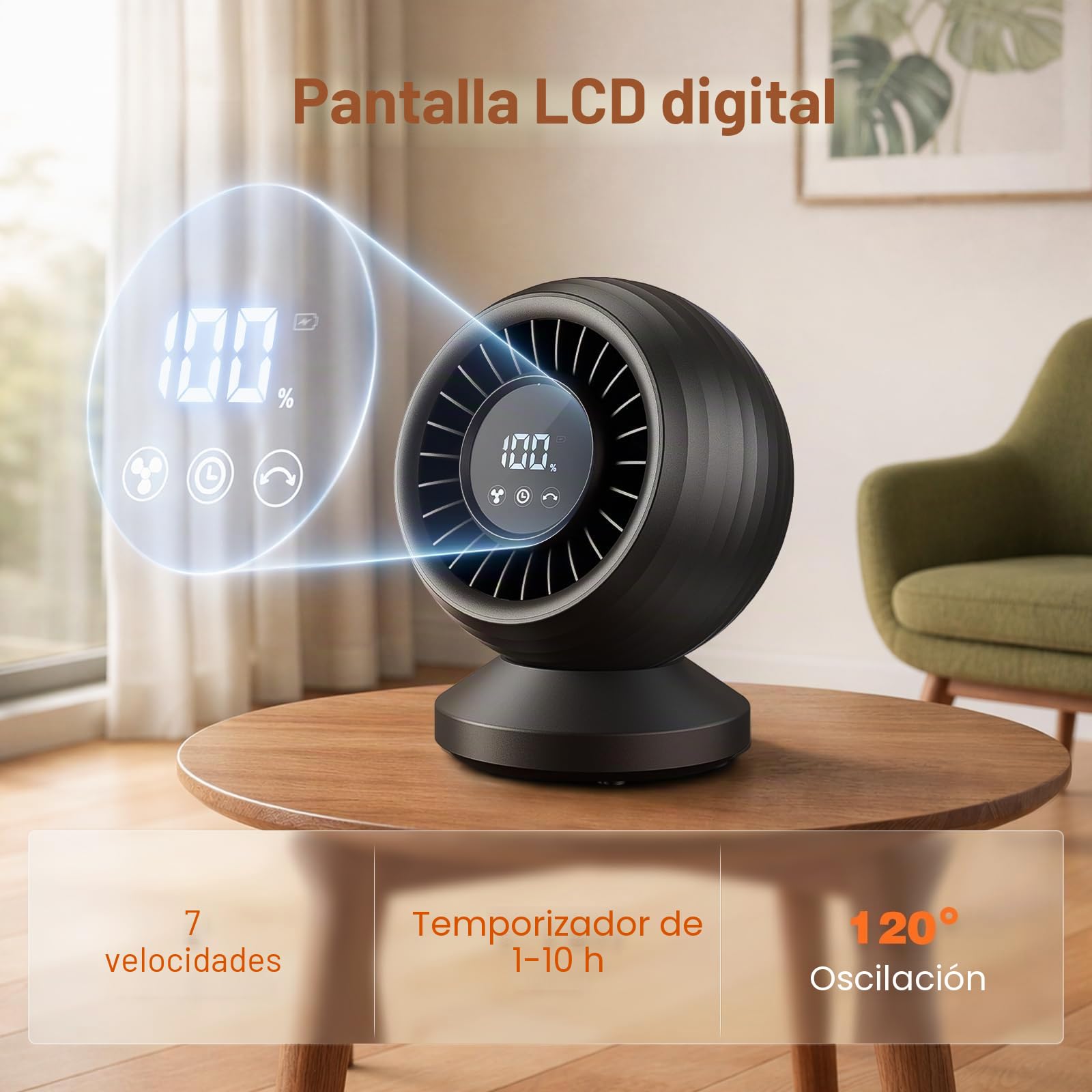 Ventilador de Mesa Silencioso 22dB, Potente Ventilador Circulación de Aire Turbo con Pantalla LCD, Oscilación 120°, 8 Velocidades, Ventilador Escritorio para Oficina, Dormitorio y Cocina, Negro