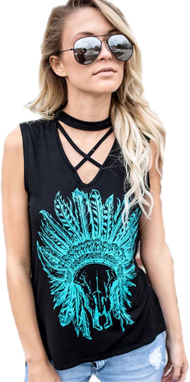 Women Casual Crisscross V Neck Tribal Print Sleeveless Blouse Choker T Shirt Tank Tops ((US 12) XL, Black)