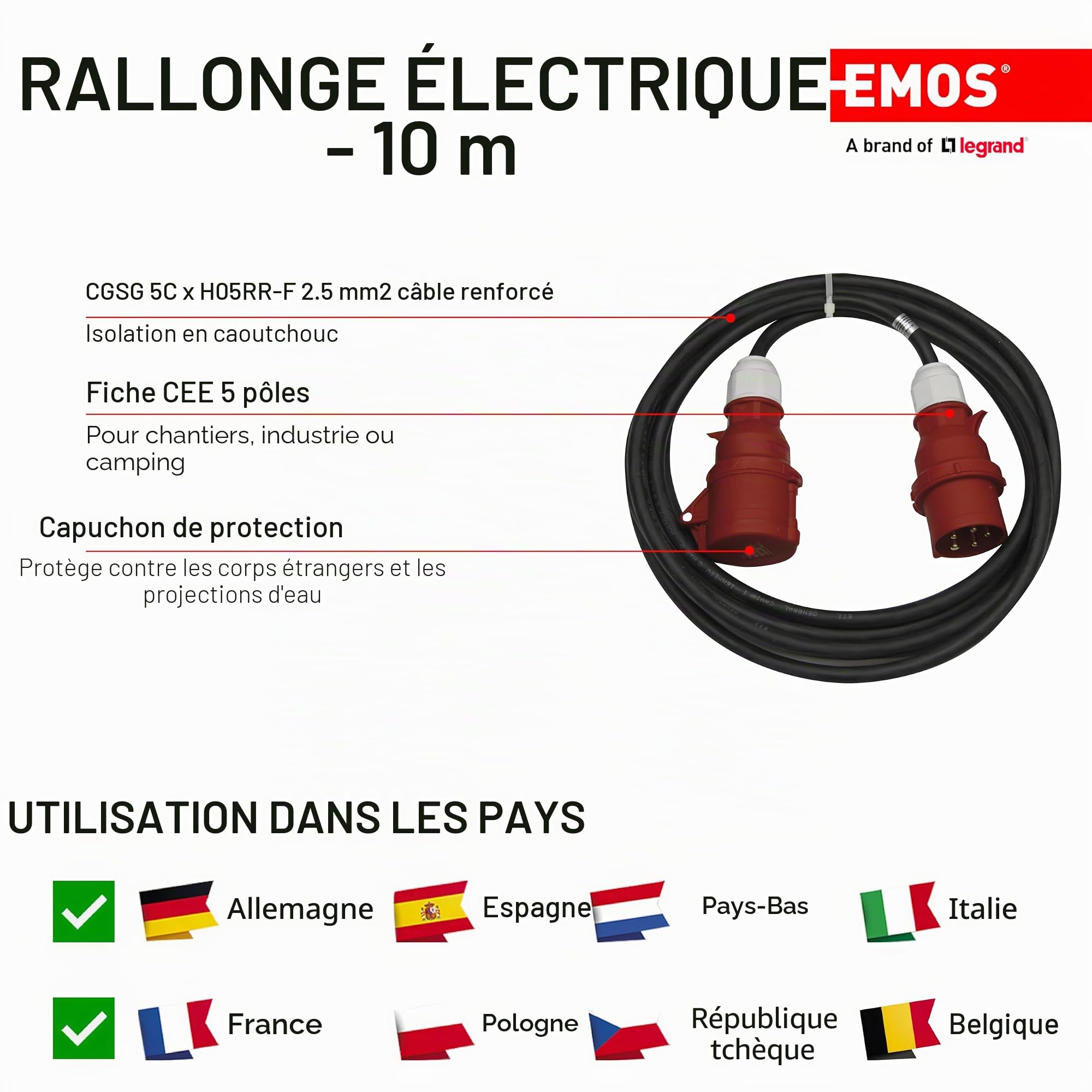 EMOS - IP44 CEE-câble de rallonge 10m - fiche 5 pôles - étanche, résistant à la température - 400 V, 16 A, 3680 W - Isolation en Caoutchouc - CGSG 5C x H05RR-F 2,5 mm2 - pour l'extérieur & Le Camping