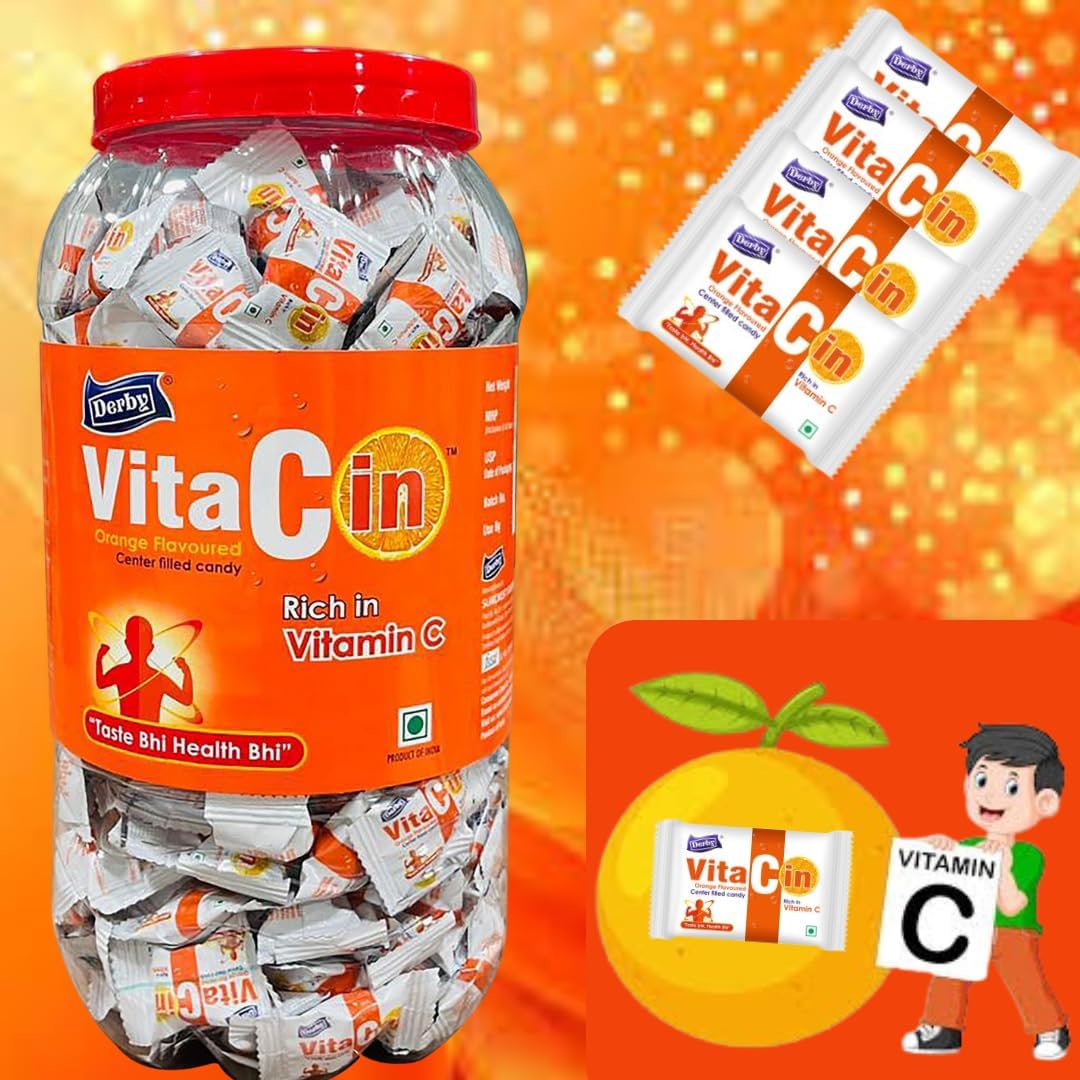 Derby Delicious VitaCin Orange Candies Jar/Candy Filled with Vitamin C Powder / 300 Candies / 1050gms