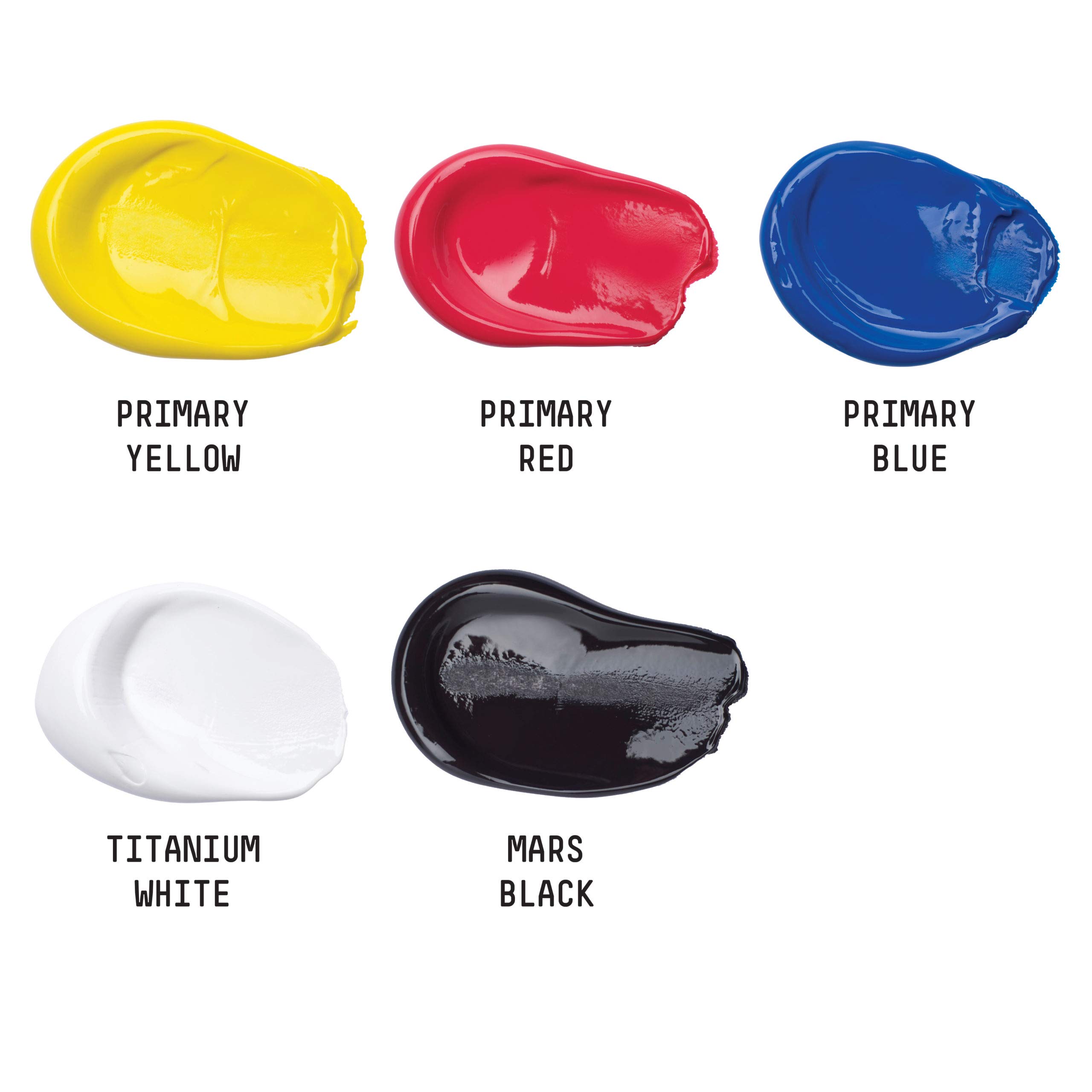 Liquitex Basics zestaw farb akrylowych, 4 x 75 ml + 1 x tubka 118 ml (biała), kolory: czerwony pierwotny, niebieski pierwotny, żółty pierwotny i czarny marsjański