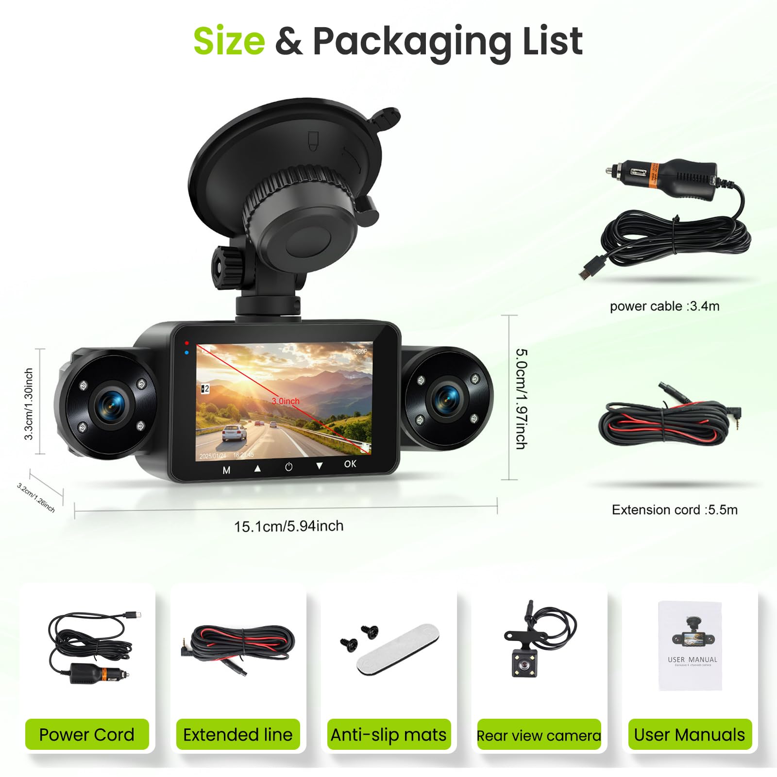 Hodozzy 4 Canales Dashcam, 1080P 360° Cámara de Coche Delantera y Trasera Interior con Grabación en Bucle, Visión Nocturna, Sensor G, Modo Aparcamiento, Compensación de Exposición TF y Dsah Cámara