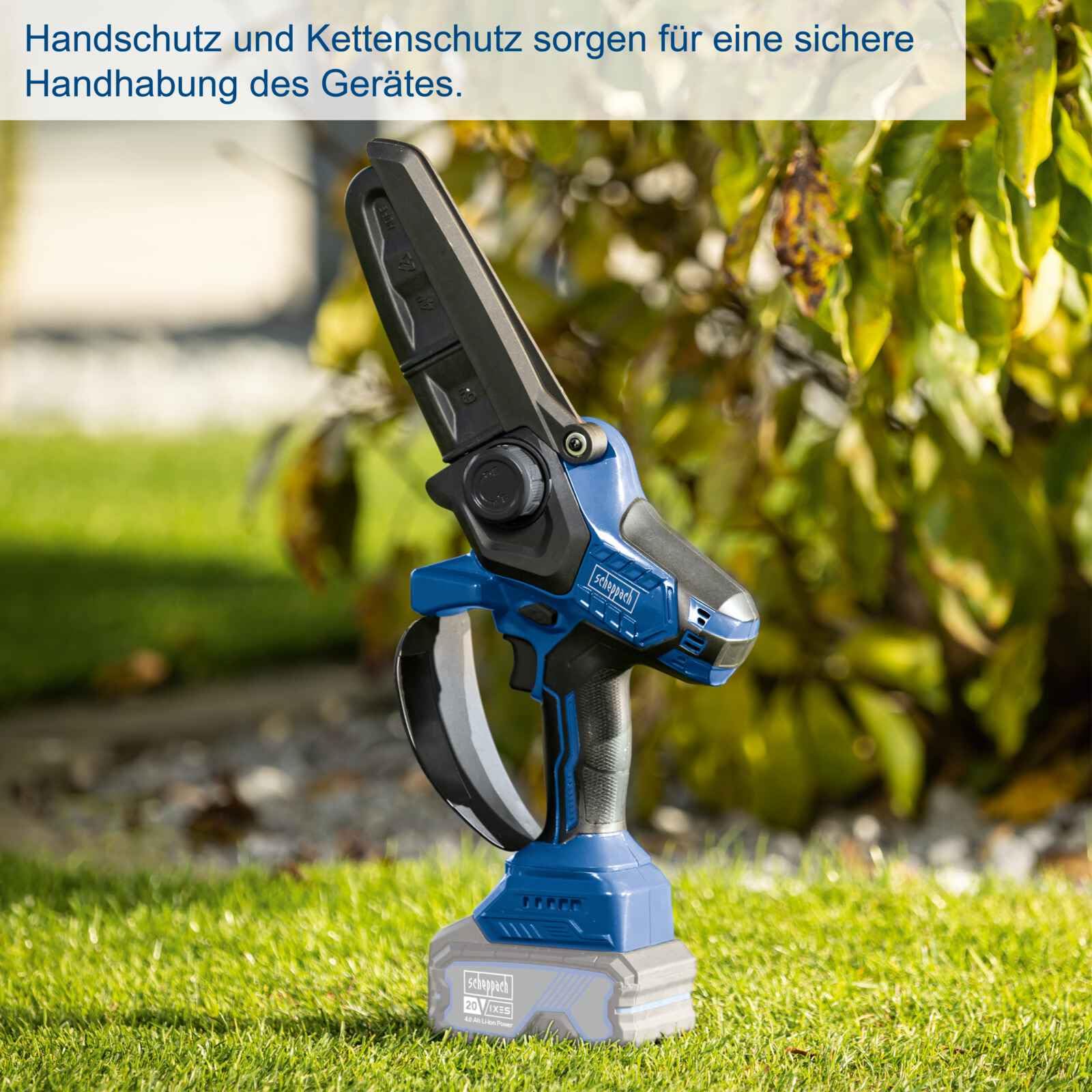 Scheppach Akku Gehölzschneider BC-PS150-X | Schnittlänge 150mm | Schwertlänge 6" | Schnittgeschwindigkeit 6,8 m/s | Autom. Kettenspannung | 20V-IXES-Serie | 10 Jahre Garantie | Ohne Akku & Ladegerät