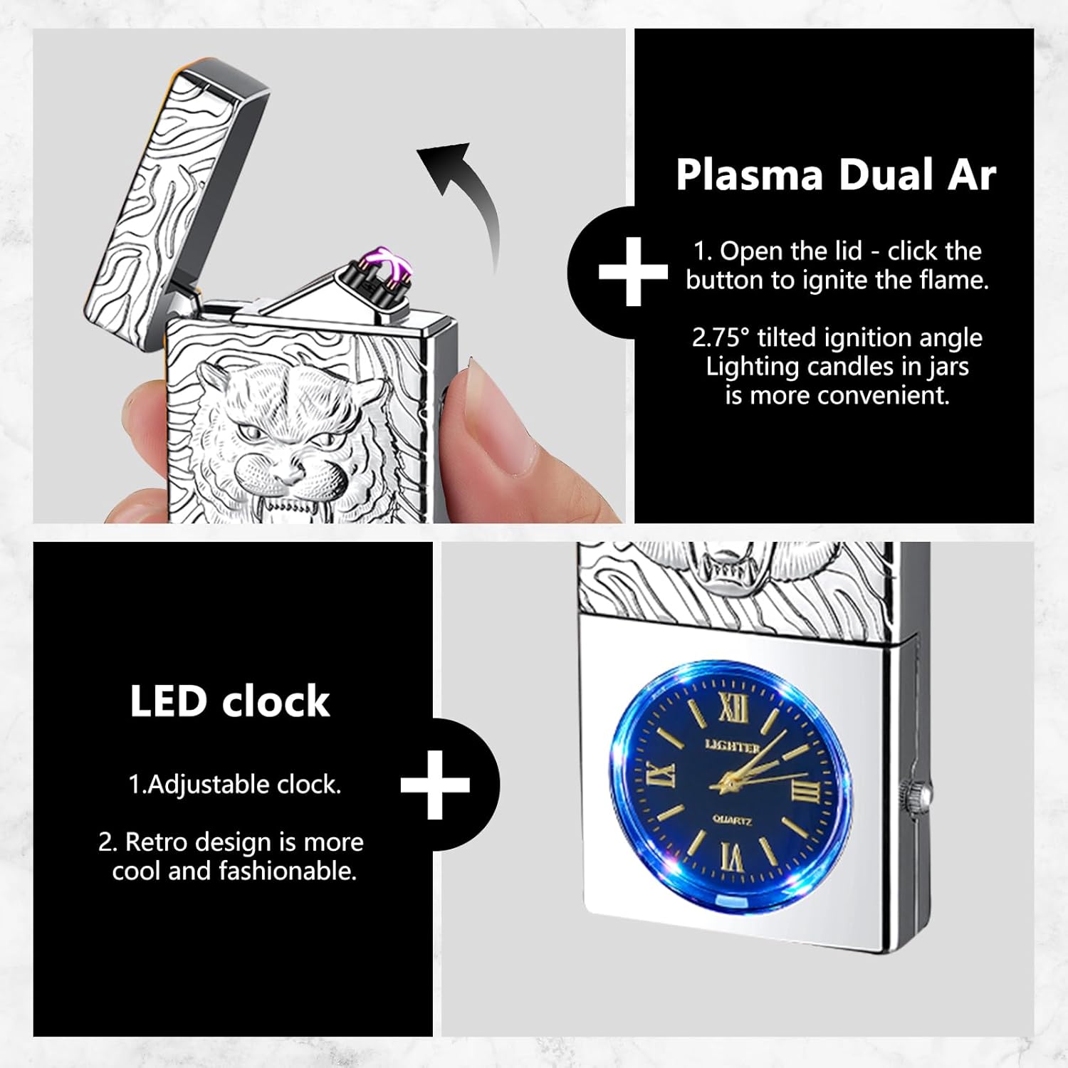 Electric Lighter USB Rechargeable Lighter, Windproof Plasma Dual Arc Lighters, Flameless Cool Clock Lighters with LED Battery Indication for Candles, Incense Stick, Outdoor Use (Silver, Tiger)