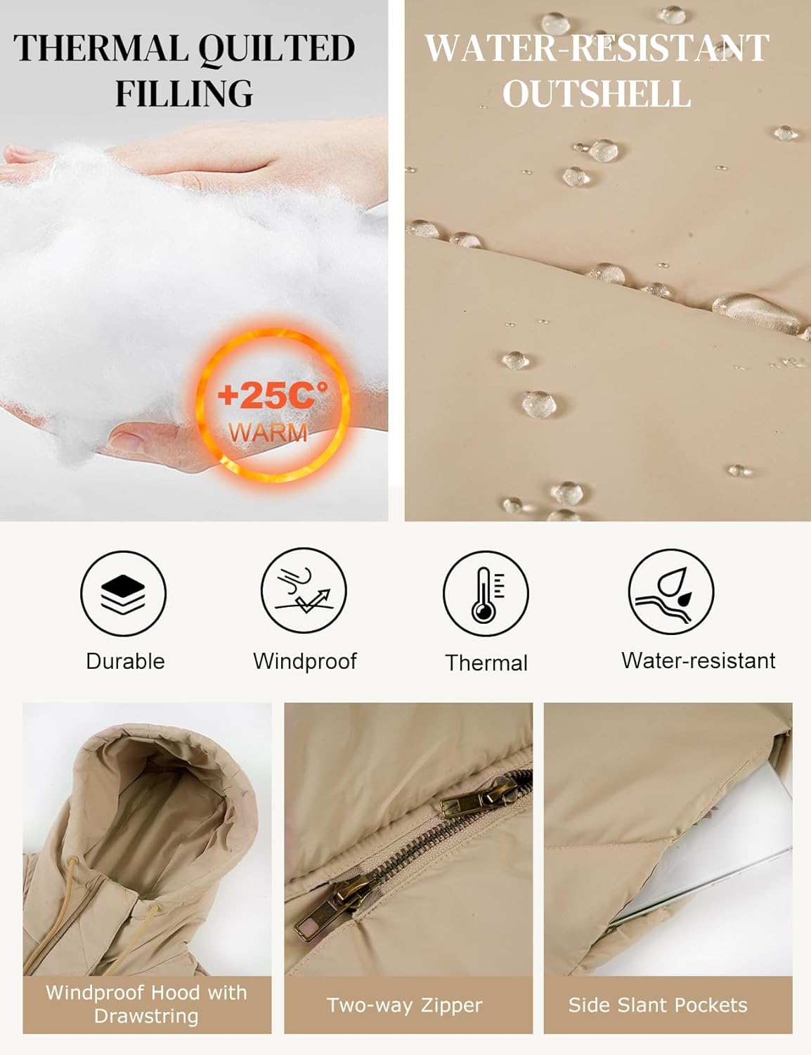 Flygo Womens Long Puffer Coat Long Sleeve Padded Winter Down Coats Hooded Parka Jacket(Khaki-M) - Image 6