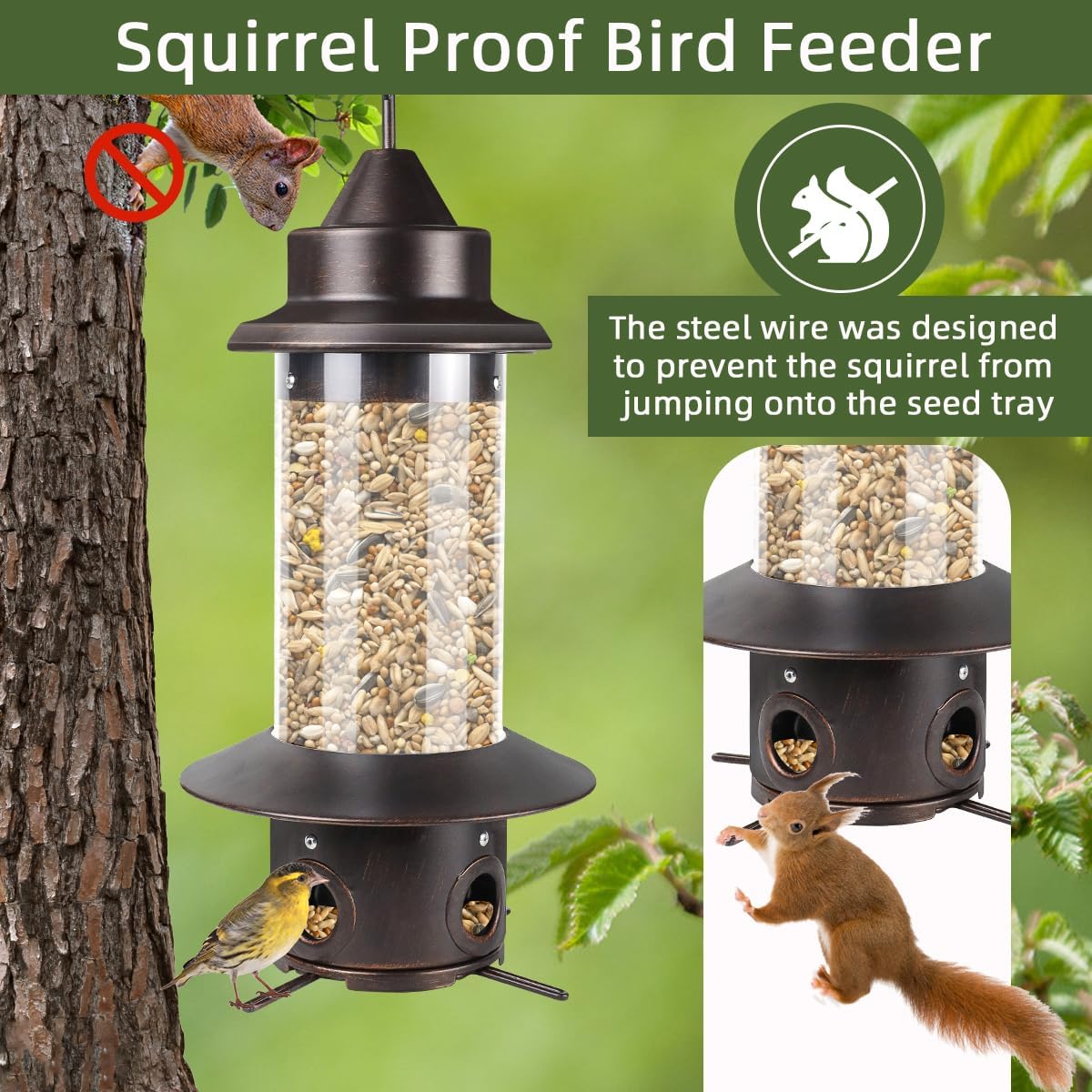 Squirrel Proof Bird Feeders for Outside：Outdoors Hanging Metal Tubes Bird Feeding 5LB Seeds Capacity Bird Feeders Heavy Duty 4 Feeding Ports Chew-Proof Wild Birds Feeder for Garden Yard Decoration