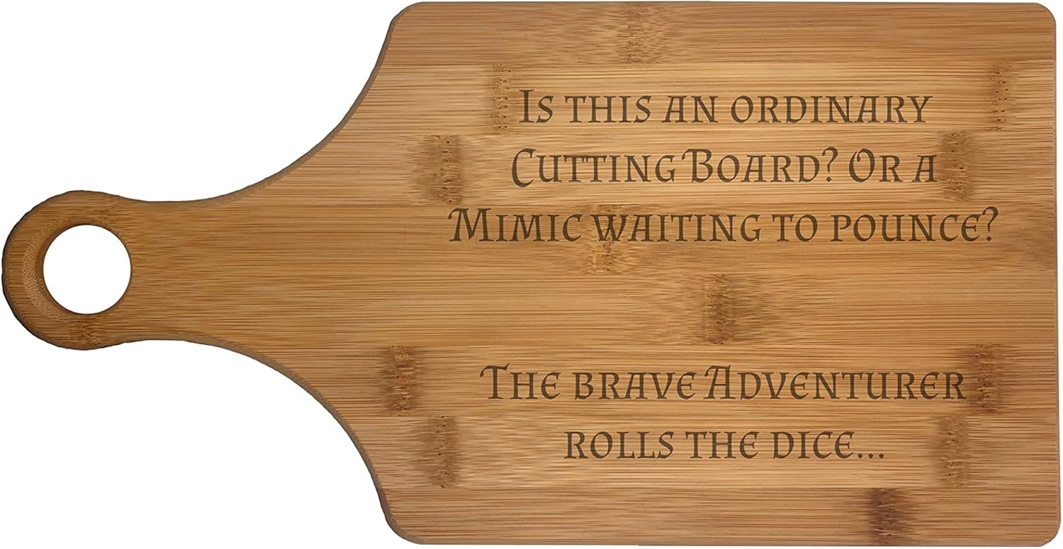 D&D Roleplaying Mimic Waiting to Pounce Engraved Natural Wood Cutting Board Paddle Shaped Cooking Gift (Bamboo)