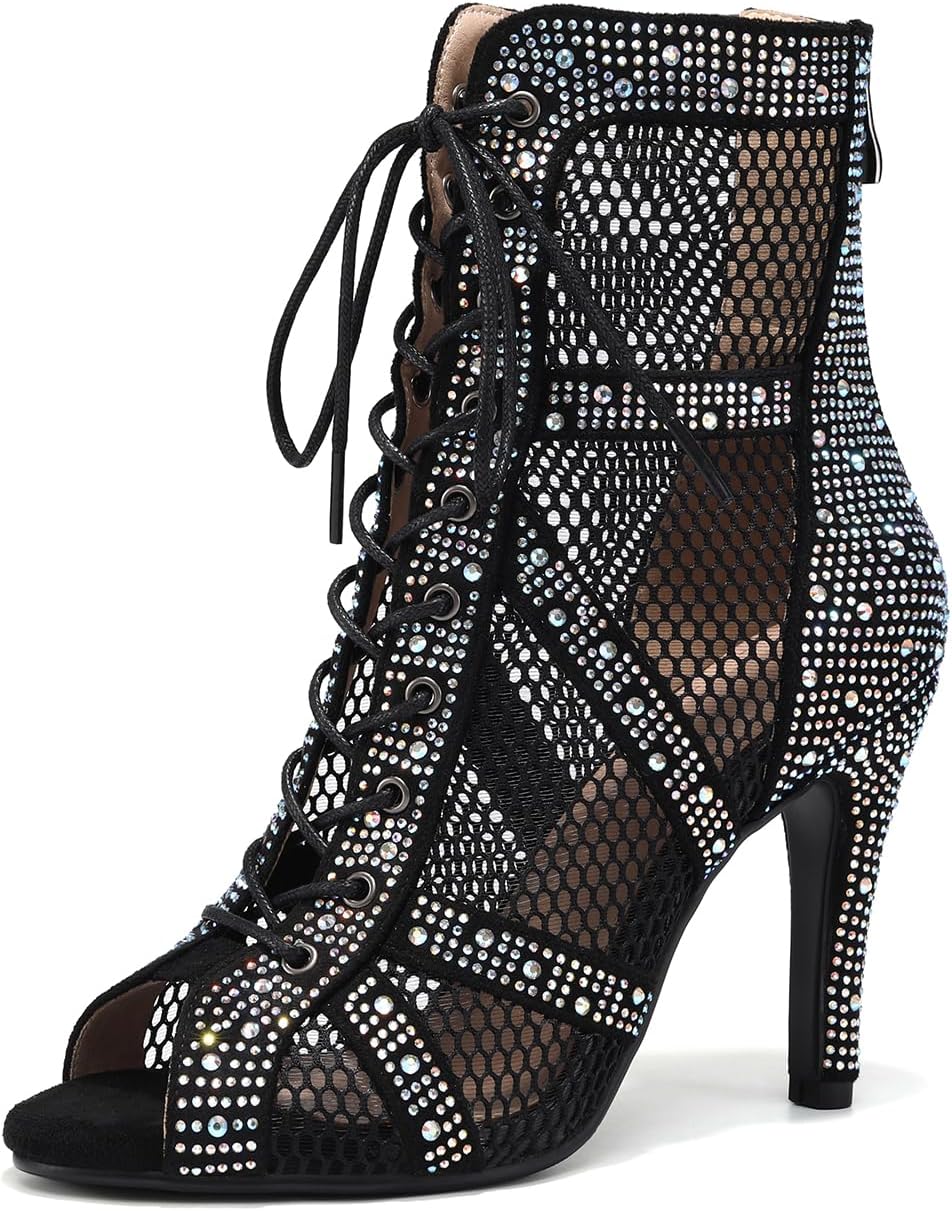Women Ankle Dance Boots Rhinestones Lace up Open Toe Latin Salsa Ballrooom Performence Practice Party Dancing Shoes, Model CZ789